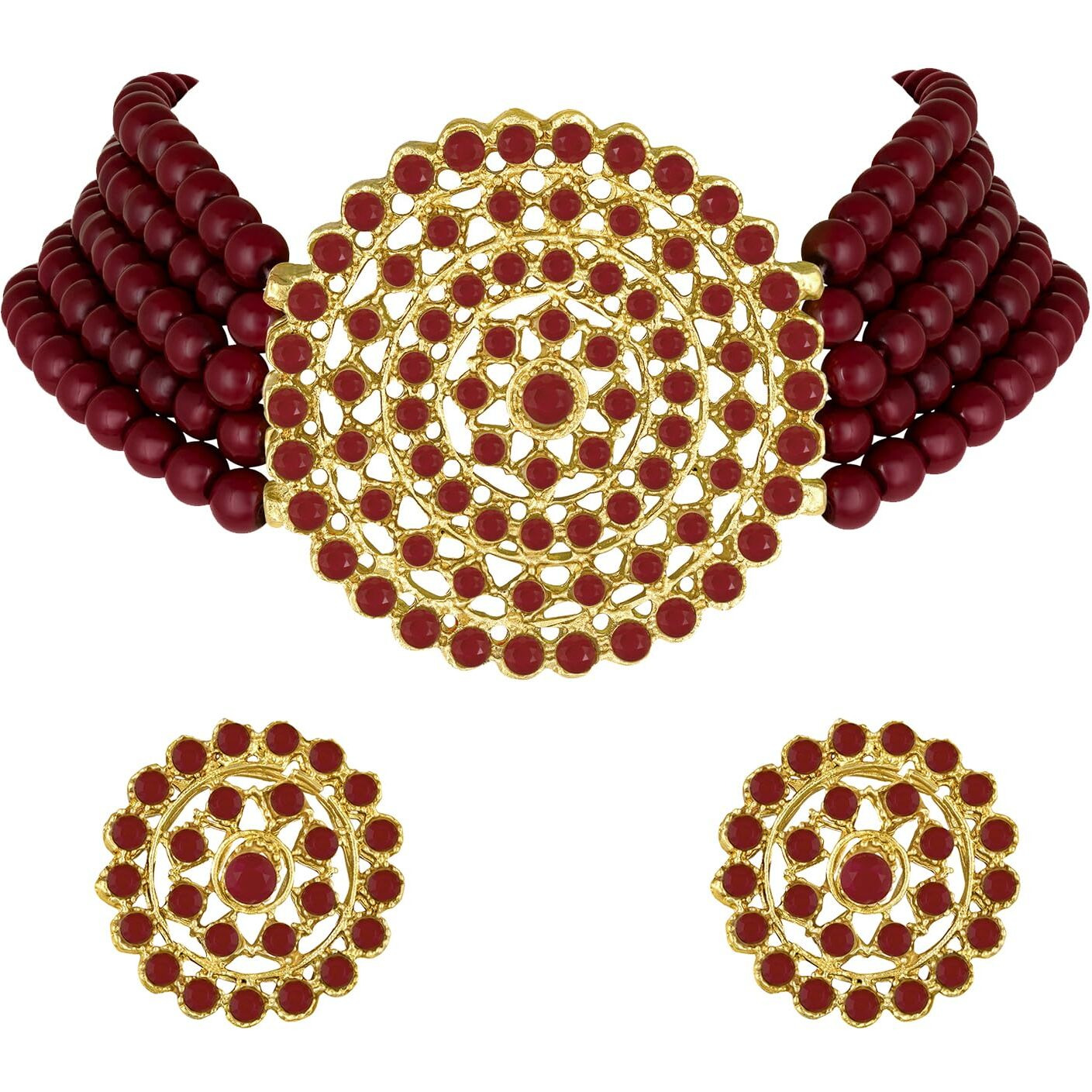 Peora Gold Plated Pearl Diamond Kundan Choker Necklace with Round Earrings Traditional Jewellery Set (Maroon-1) For Womens
