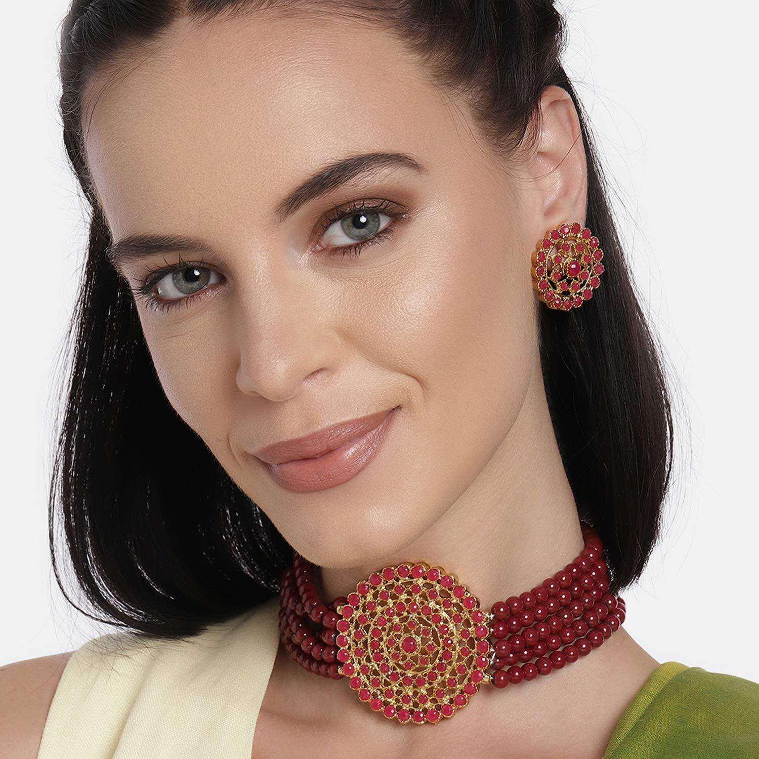 Peora Gold Plated Pearl Diamond Kundan Choker Necklace with Round Earrings Traditional Jewellery Set (Maroon-1) For Womens