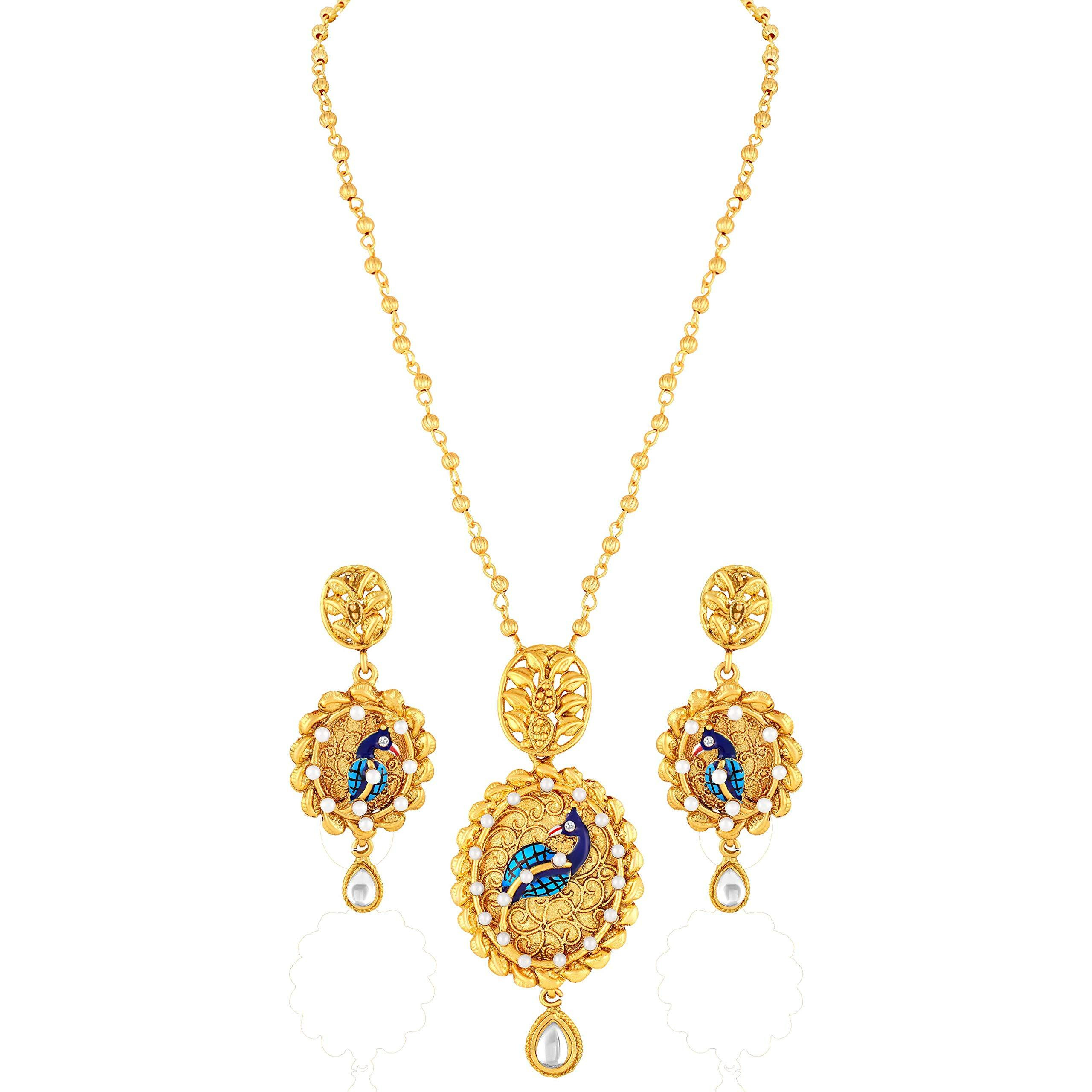 ASMITTA Peacock Inspired Enamel Gold toned Fashion Jewellery Pendant Set with Earrings for Women & Girls