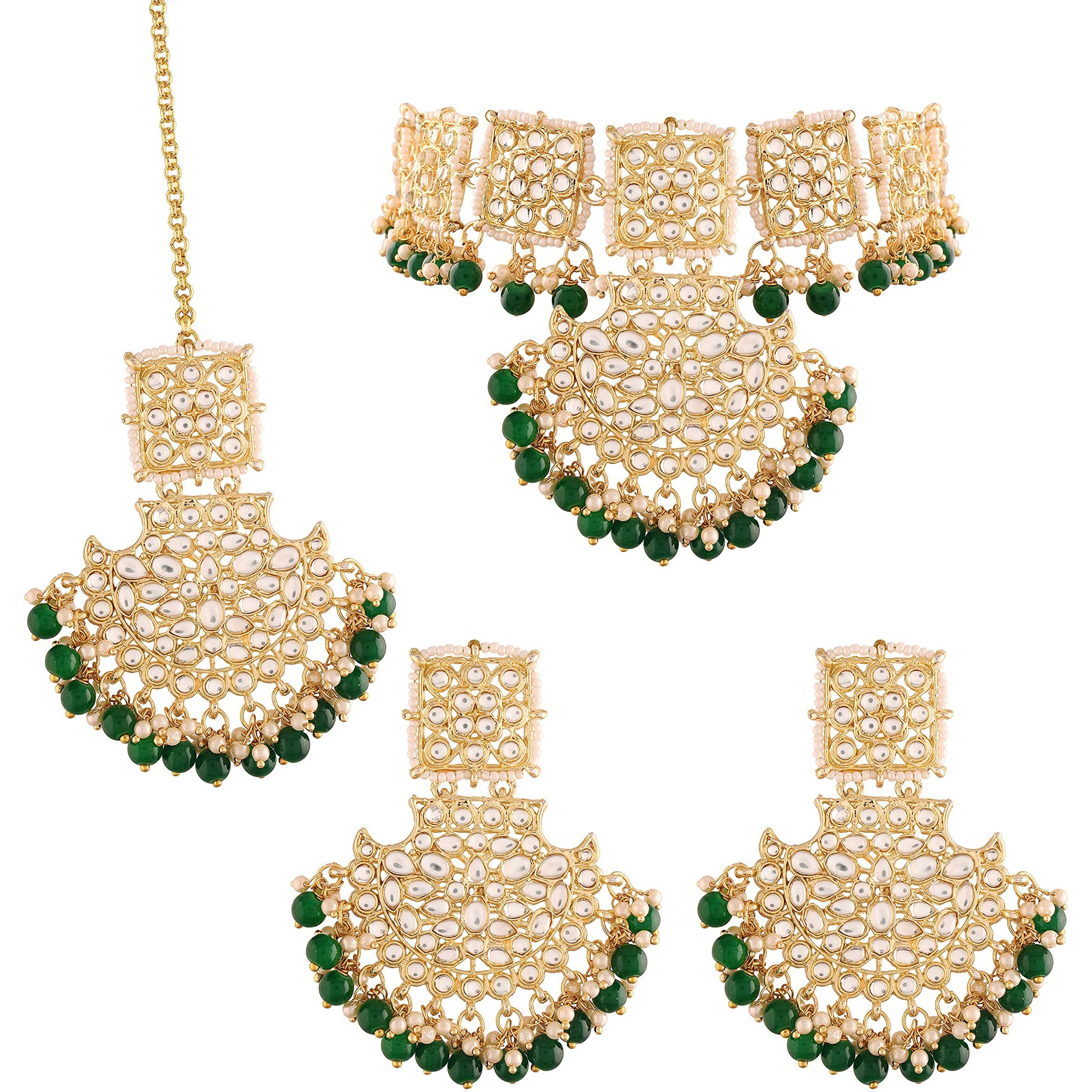 I Jewels 18k Gold Plated Traditional Pearl Kundan Studded Choker Jewellery Necklace Set with Maang Tikka for Women (K7099G)