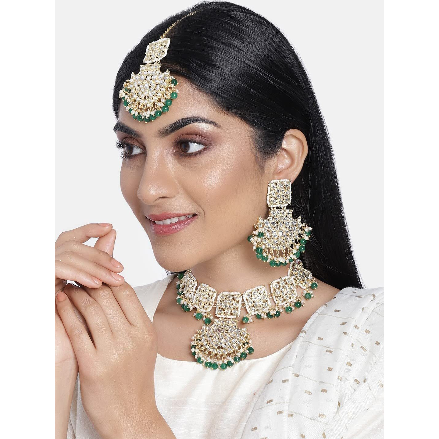 I Jewels 18k Gold Plated Traditional Pearl Kundan Studded Choker Jewellery Necklace Set with Maang Tikka for Women (K7099G)