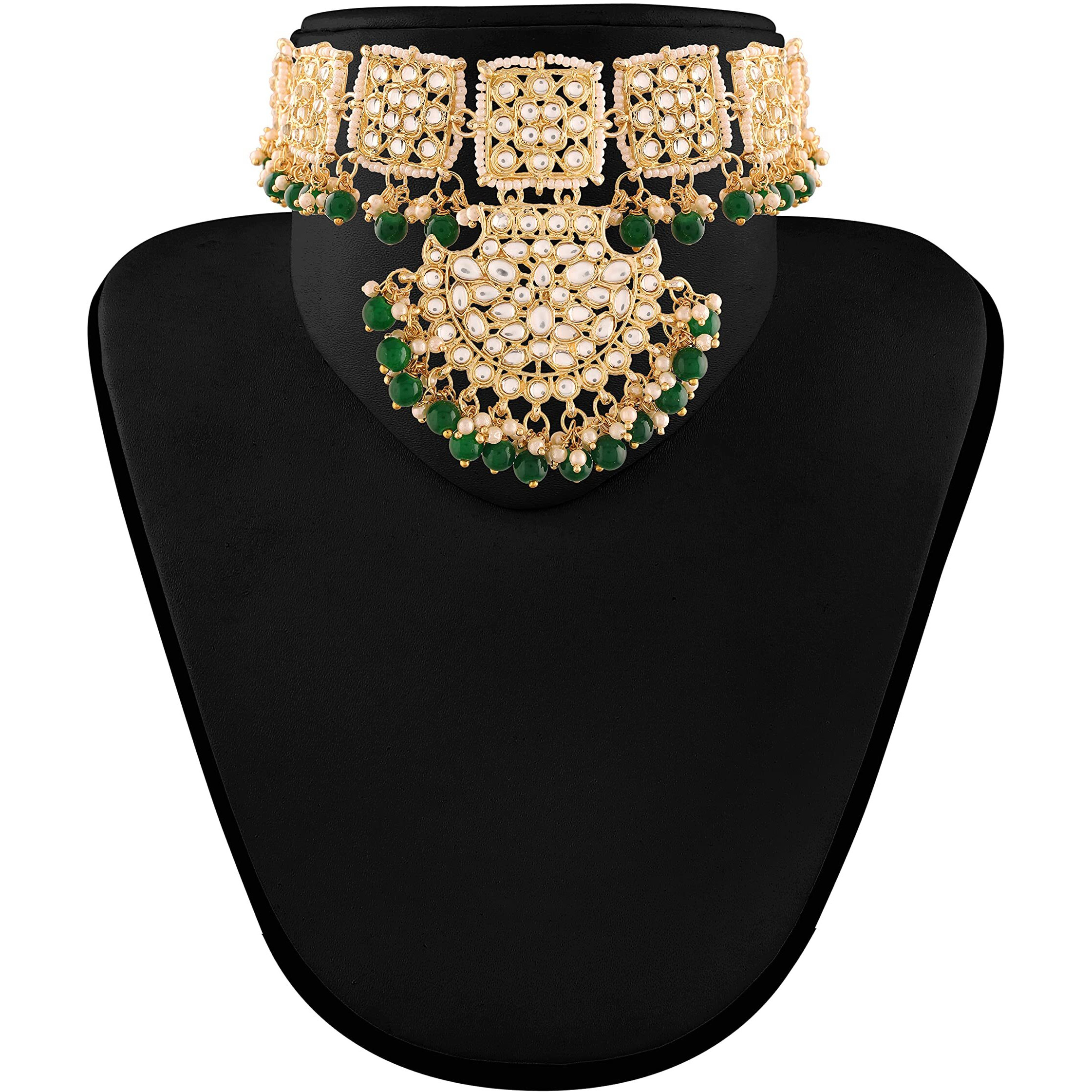 I Jewels 18k Gold Plated Traditional Pearl Kundan Studded Choker Jewellery Necklace Set with Maang Tikka for Women (K7099G)