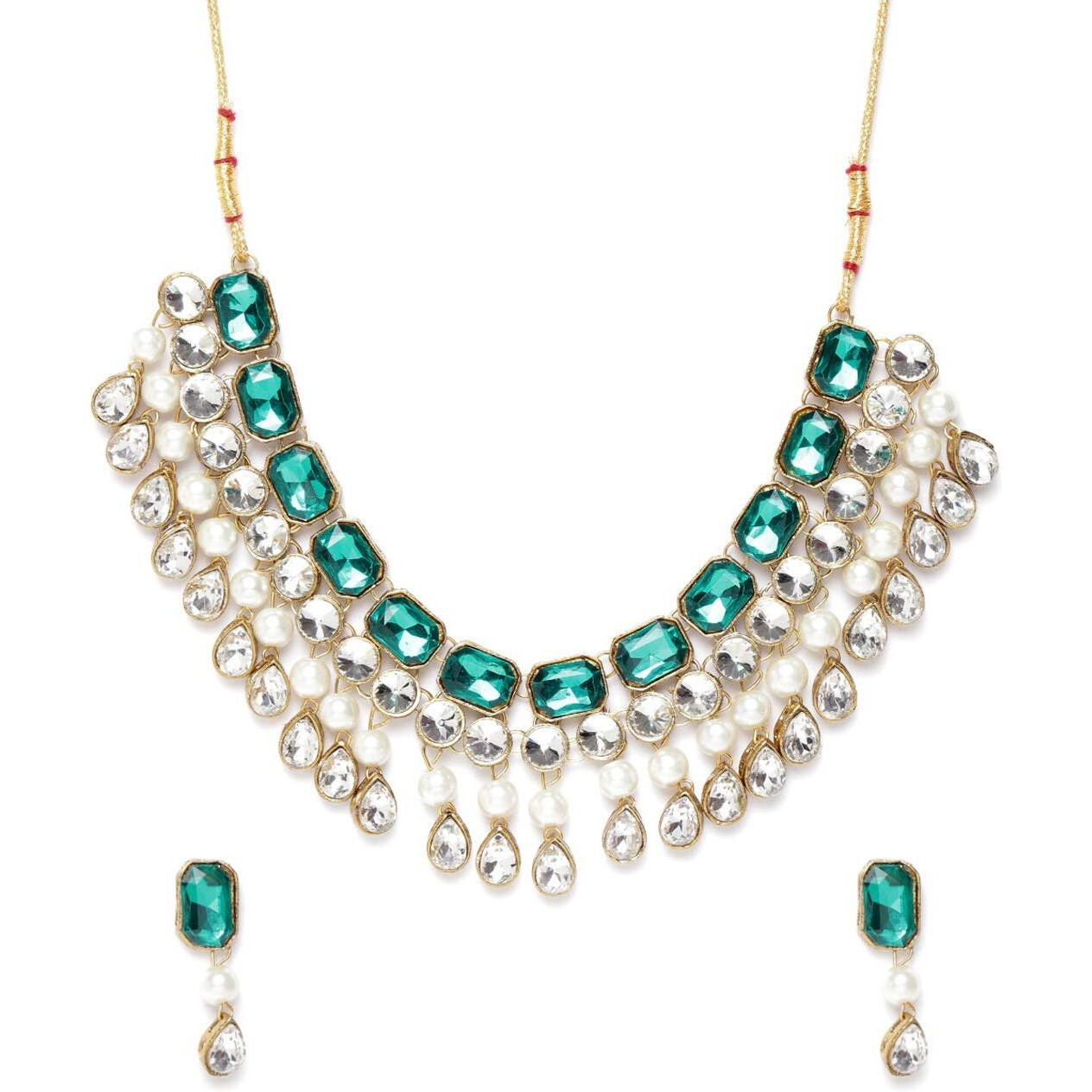 ZAVERI PEARLS Green Crystal Shine Stones & Pearls Choker Necklace & Earring Set For Women-ZPFK9644