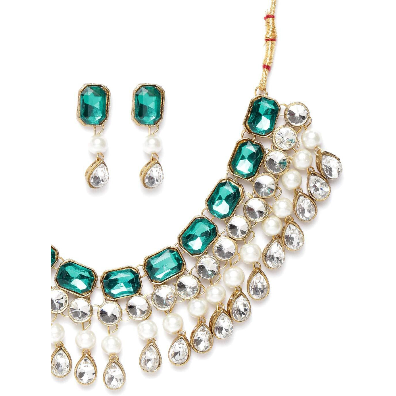 ZAVERI PEARLS Green Crystal Shine Stones & Pearls Choker Necklace & Earring Set For Women-ZPFK9644