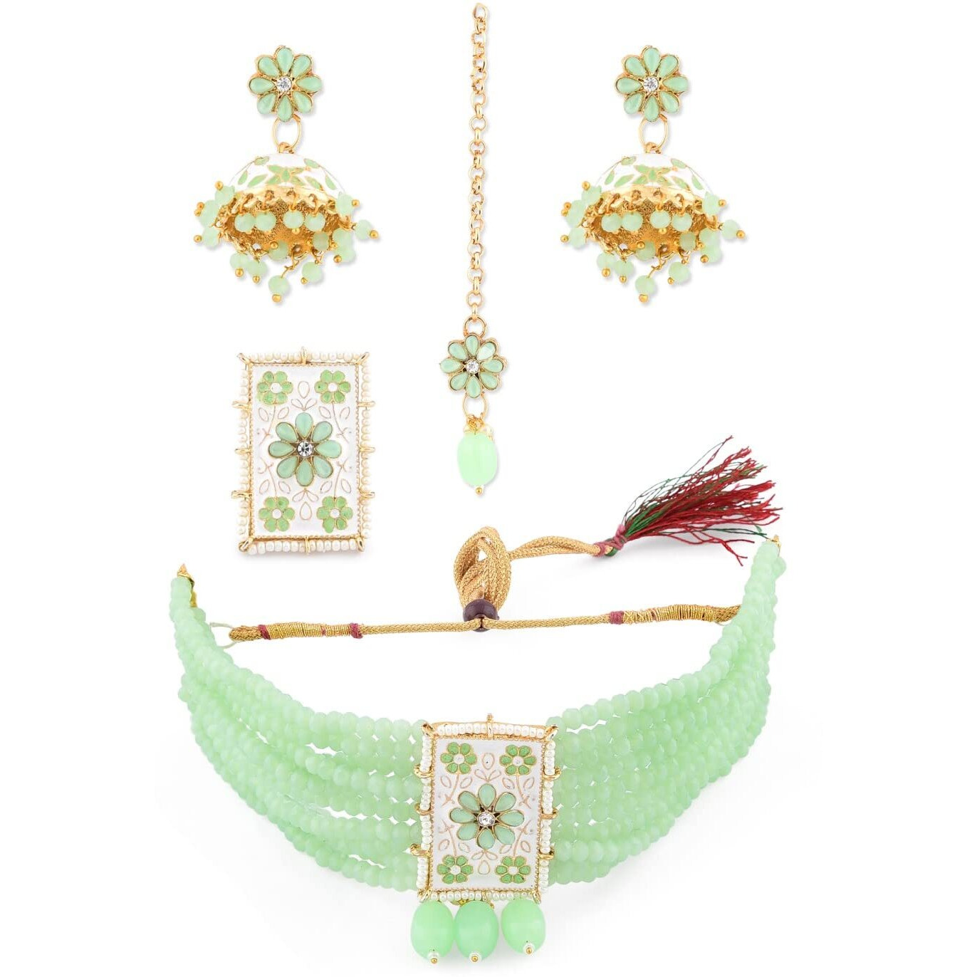 ZAVERI PEARLS Green Multistrand Choker Necklace Earring Maangtikka & Ring Set For Women-ZPFK11473