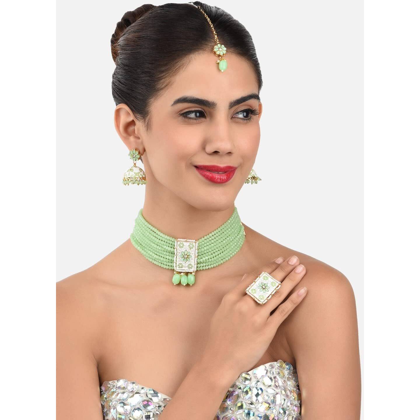 ZAVERI PEARLS Green Multistrand Choker Necklace Earring Maangtikka & Ring Set For Women-ZPFK11473