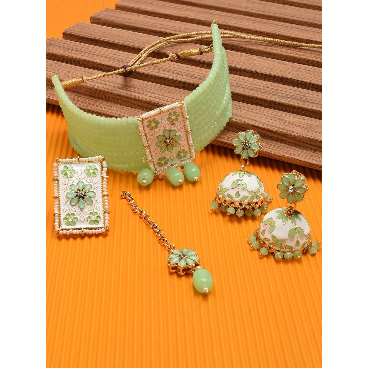 ZAVERI PEARLS Green Multistrand Choker Necklace Earring Maangtikka & Ring Set For Women-ZPFK11473