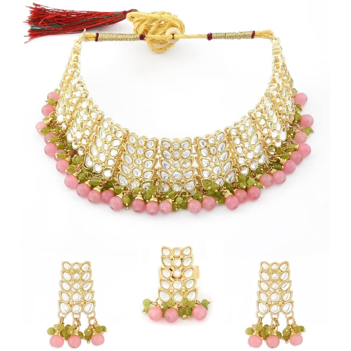 ZAVERI PEARLS Pink & Green Bead Drops Kundan Necklace Earring & Ring Set For Women-ZPFK12112