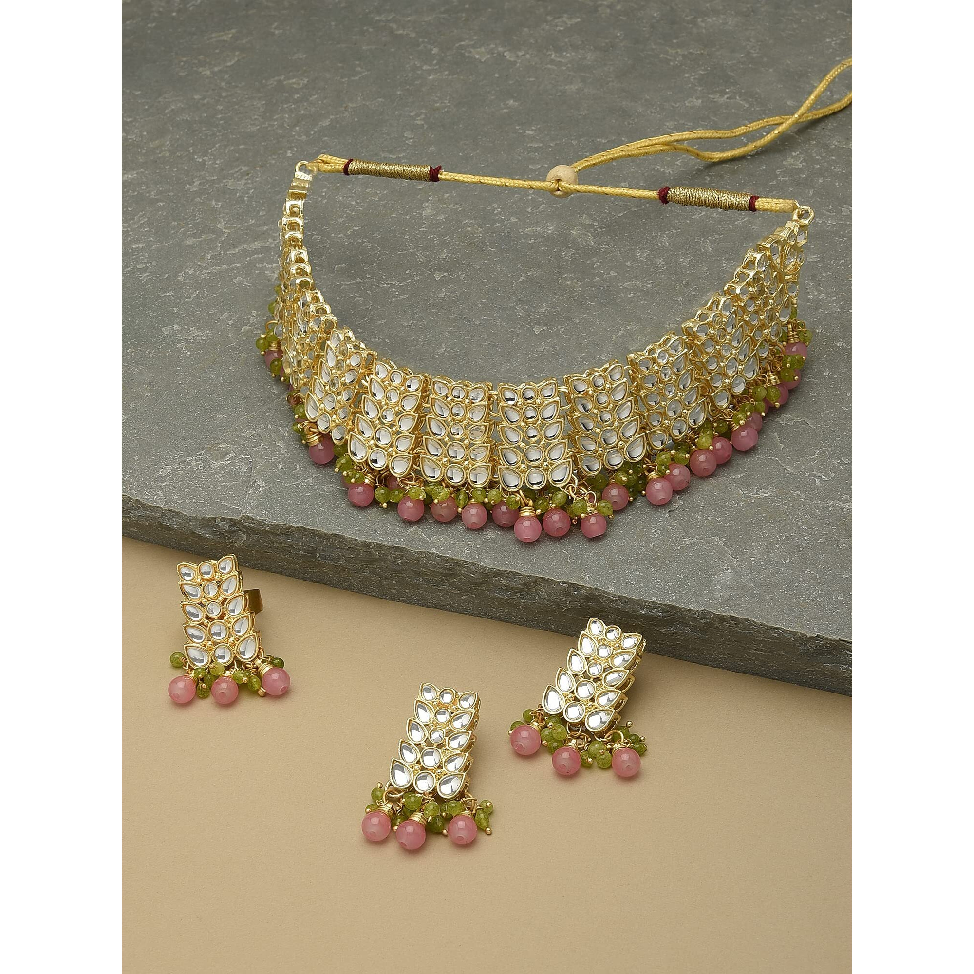 ZAVERI PEARLS Pink & Green Bead Drops Kundan Necklace Earring & Ring Set For Women-ZPFK12112