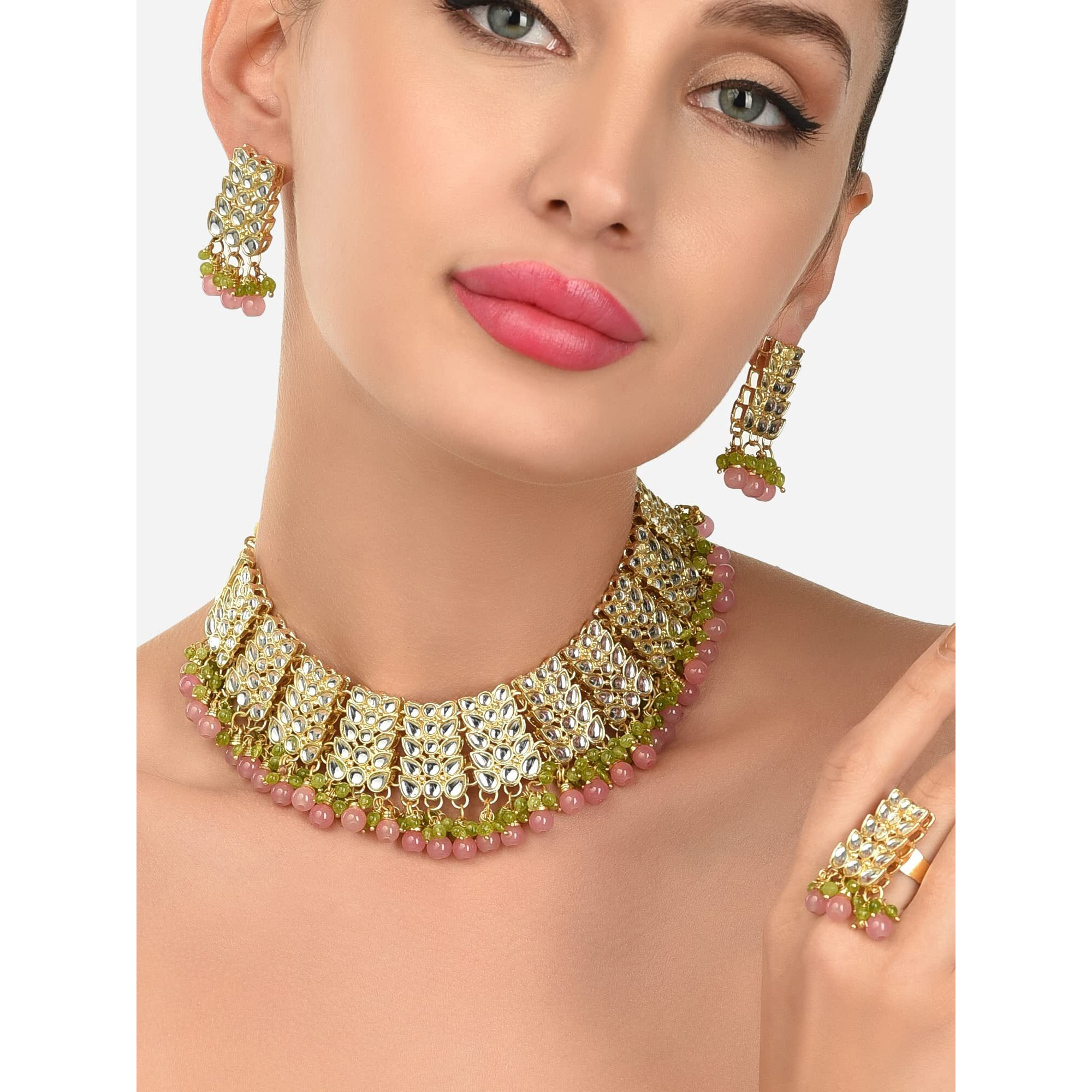 ZAVERI PEARLS Pink & Green Bead Drops Kundan Necklace Earring & Ring Set For Women-ZPFK12112