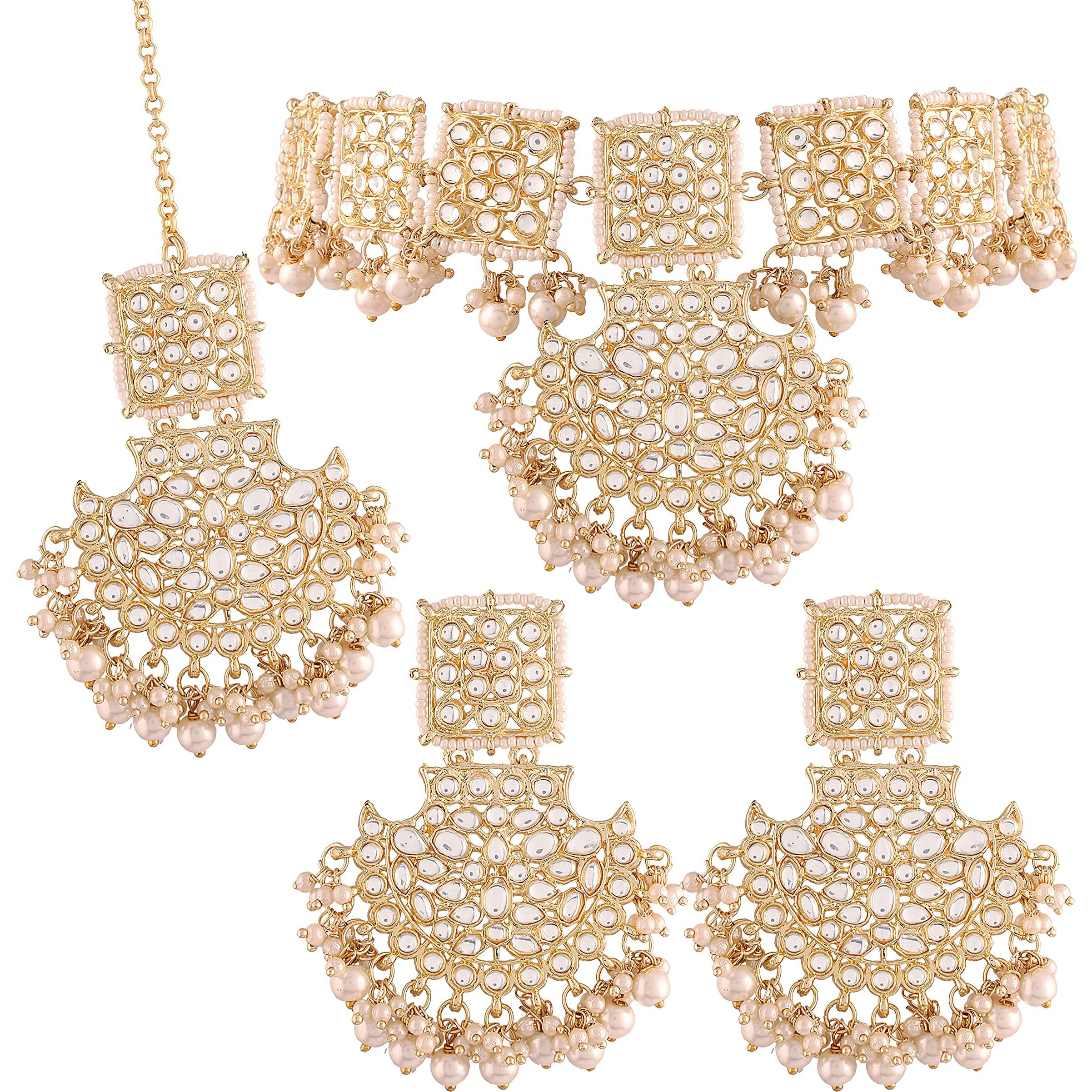 I Jewels Gold Plated Traditional Pearl Kundan Studded Bridal Choker Necklace With Chandbali Earrings & Maang Tikka Jewellery Set For Women (K7099W)