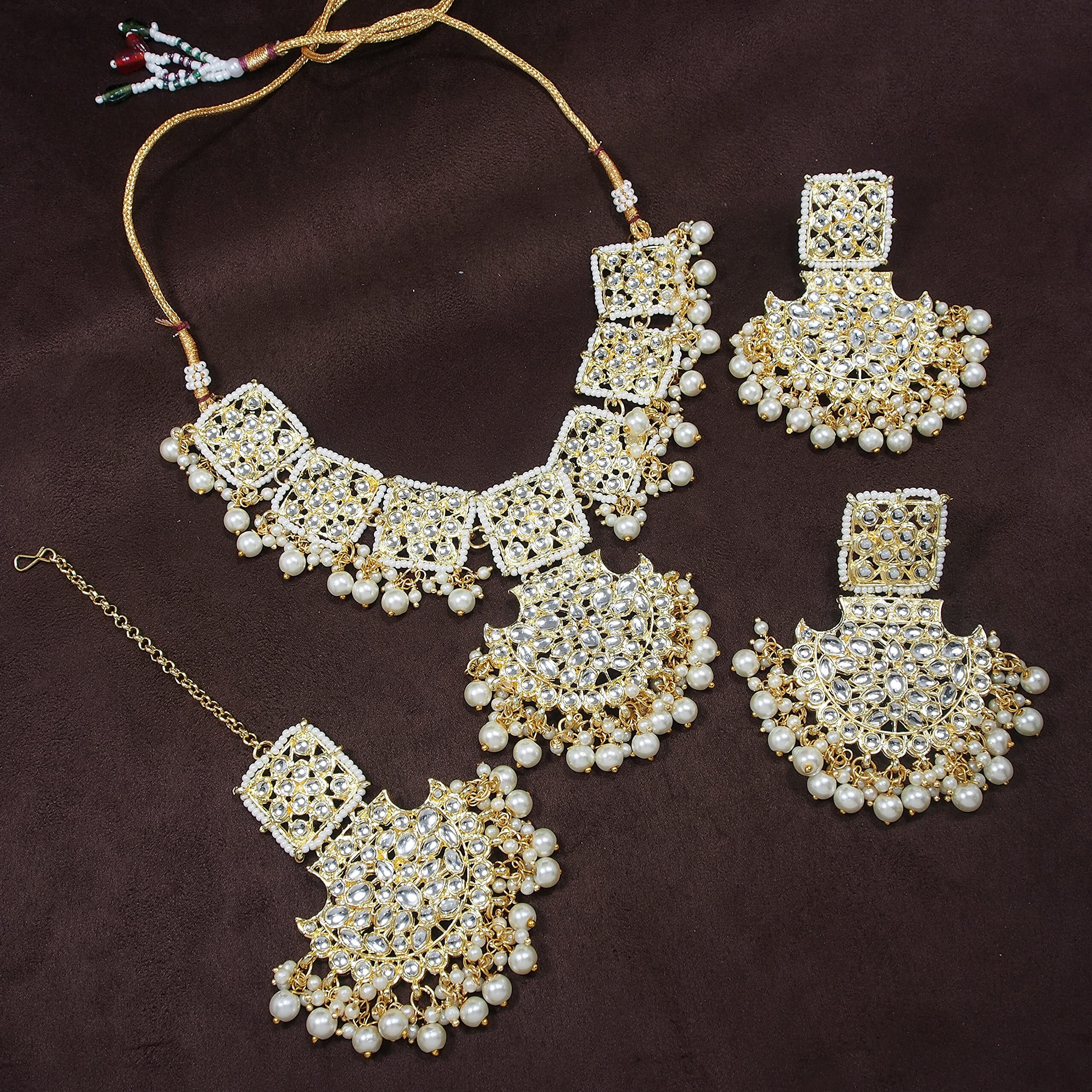 I Jewels Gold Plated Traditional Pearl Kundan Studded Bridal Choker Necklace With Chandbali Earrings & Maang Tikka Jewellery Set For Women (K7099W)