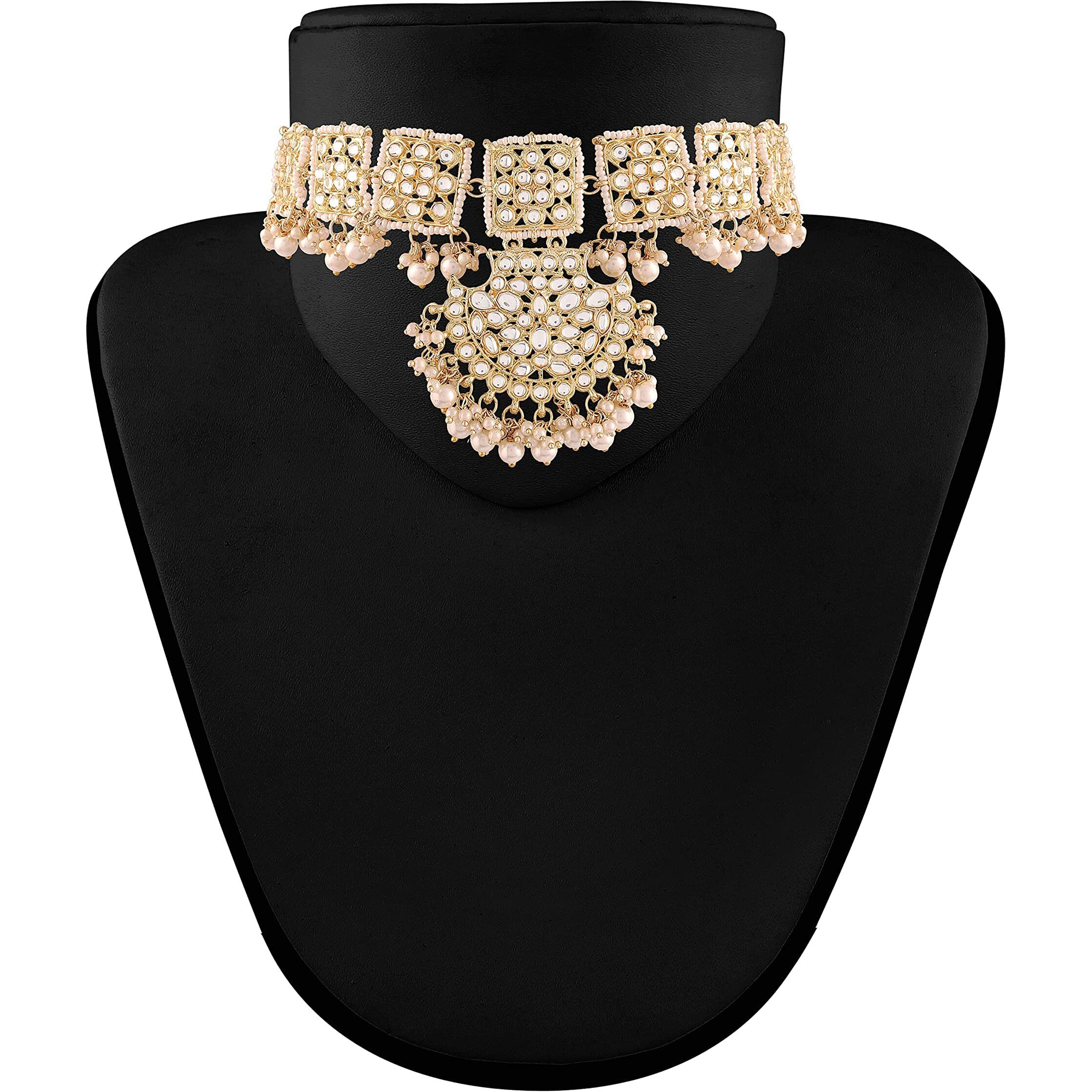 I Jewels Gold Plated Traditional Pearl Kundan Studded Bridal Choker Necklace With Chandbali Earrings & Maang Tikka Jewellery Set For Women (K7099W)