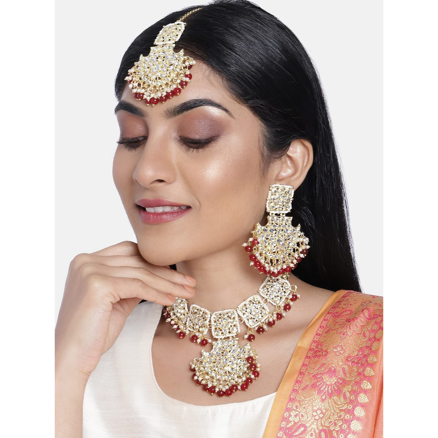 I Jewels 18k Gold Plated Traditional Pearl Kundan Studded Choker Jewellery Necklace Set with Maang Tikka for Women (K7099M)