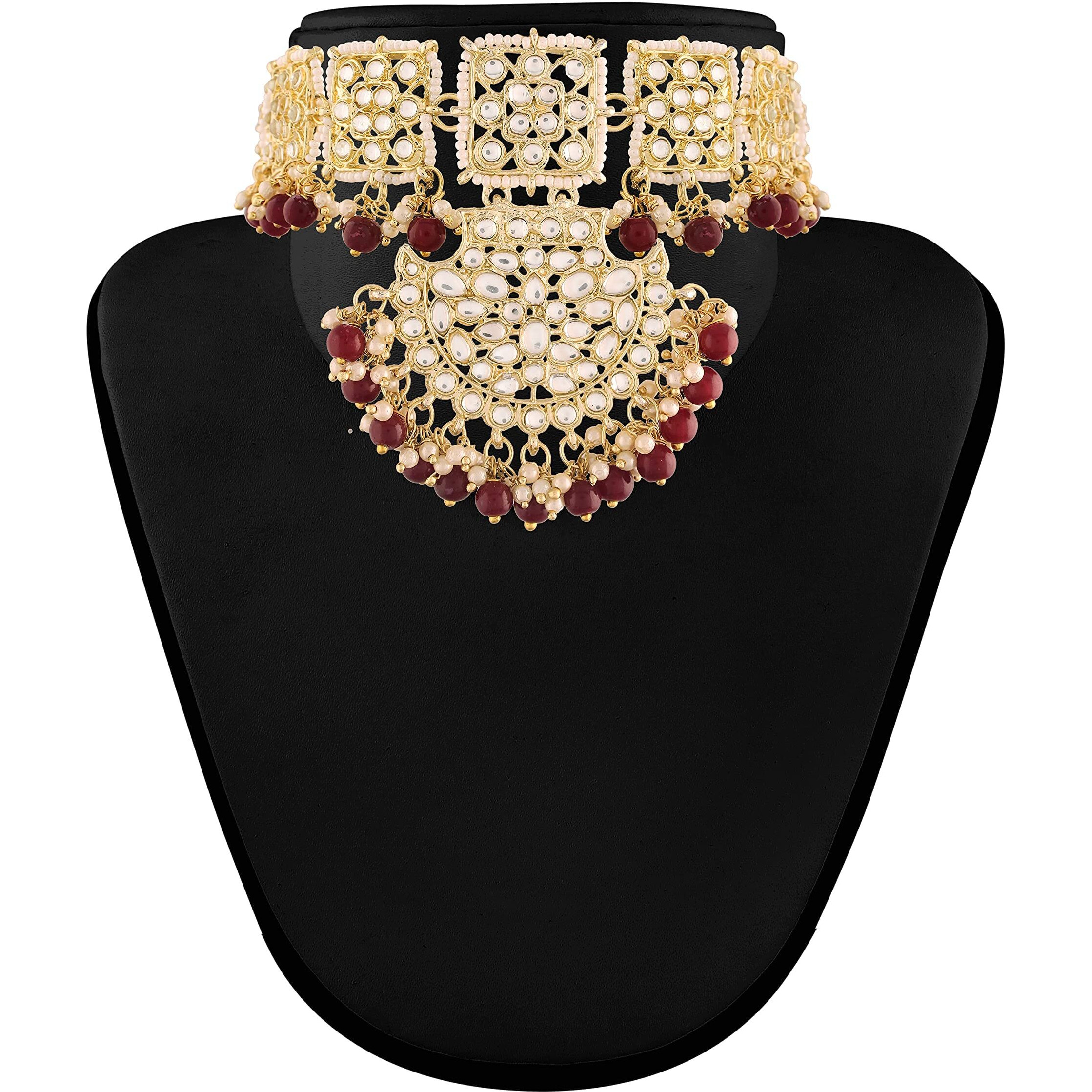 I Jewels 18k Gold Plated Traditional Pearl Kundan Studded Choker Jewellery Necklace Set with Maang Tikka for Women (K7099M)