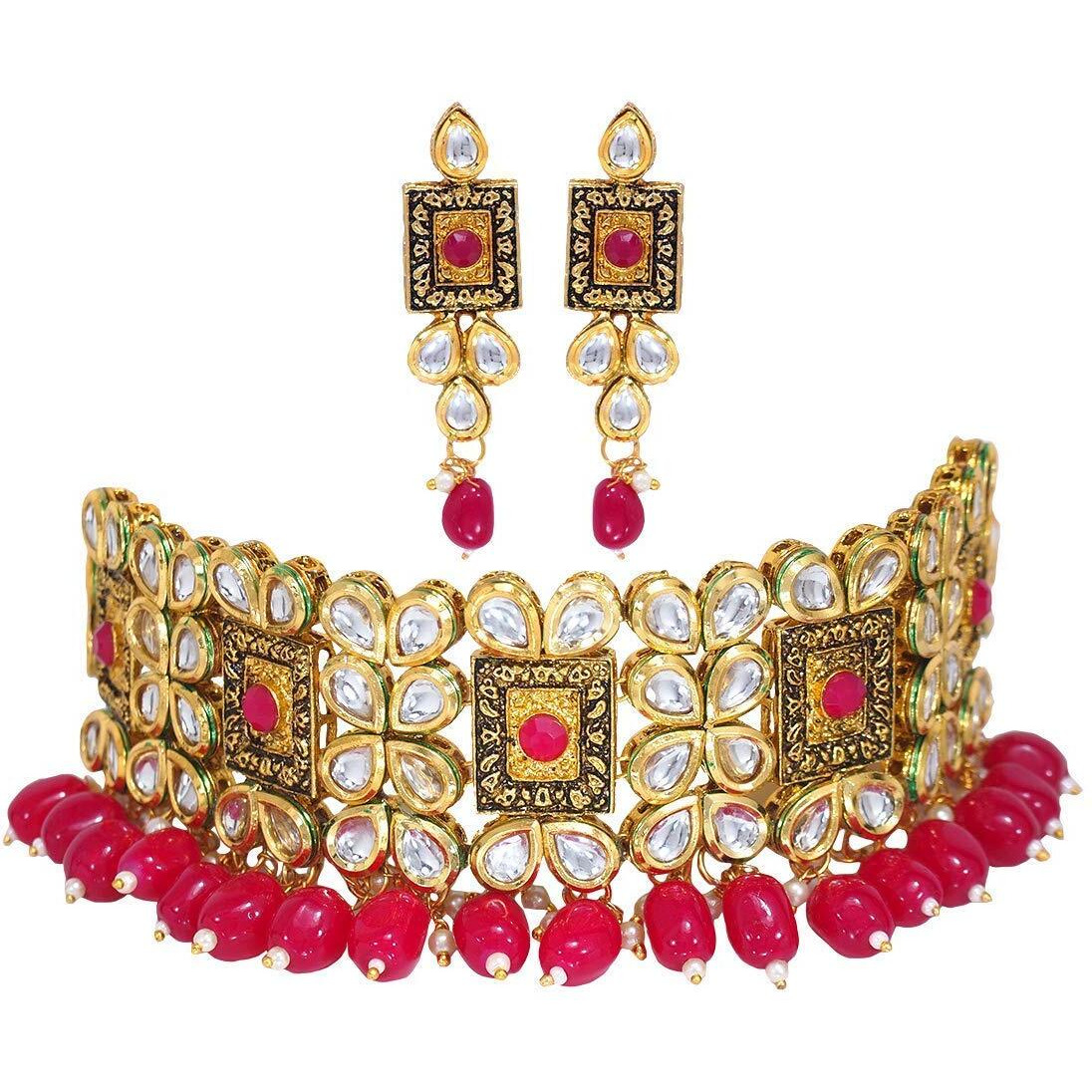 I Jewels 18K Gold Plated Traditional Handcrafted Choker Necklace Jewellery Set Encased With Faux Stone Studded & Pearl For Women/Girls (K7082Q)