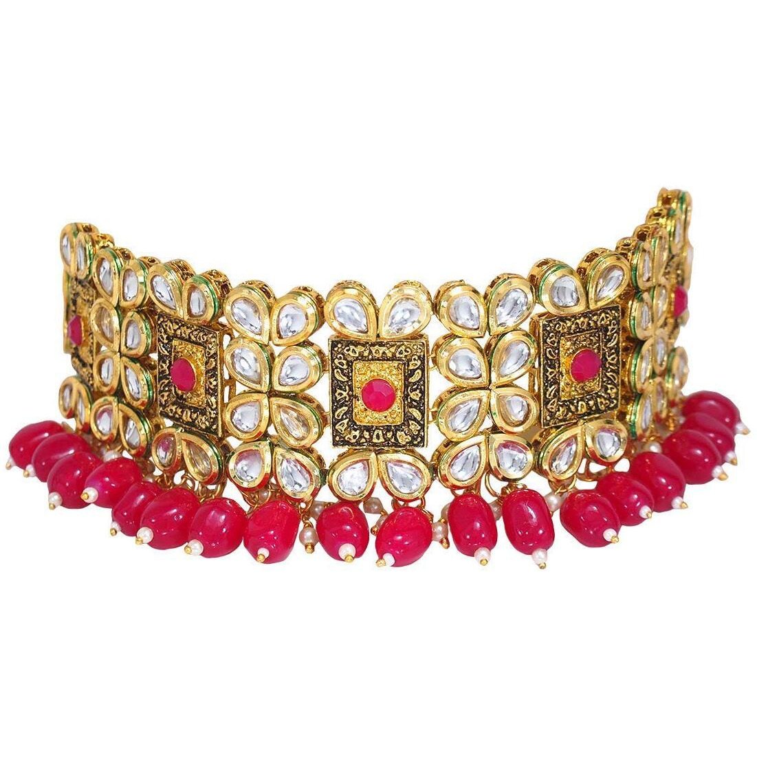 I Jewels 18K Gold Plated Traditional Handcrafted Choker Necklace Jewellery Set Encased With Faux Stone Studded & Pearl For Women/Girls (K7082Q)