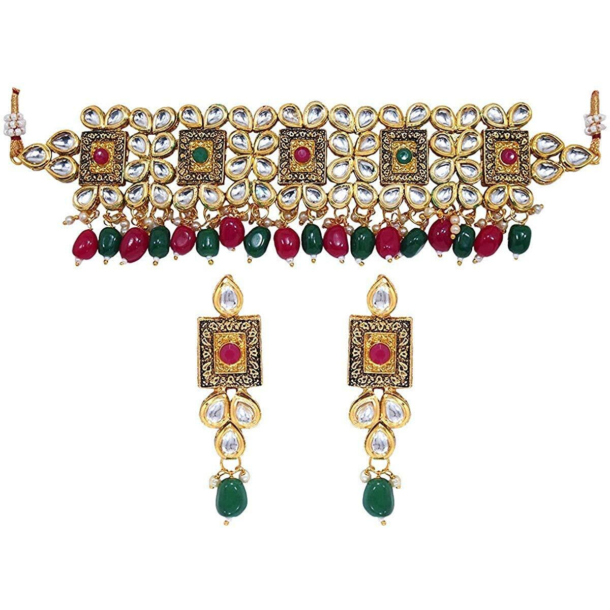 I Jewels 18K Gold Plated Traditional Handcrafted Choker Necklace Jewellery Set Encased With Faux Stone Studded & Pearl For Women/Girls (K7082QG)