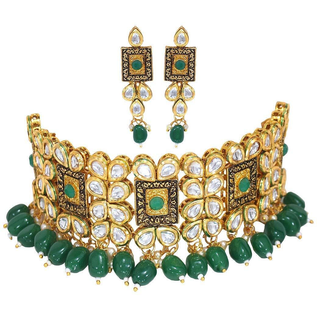 I Jewels 18K Gold Plated Traditional Handcrafted Choker Necklace Jewellery Set Encased With Faux Stone Studded & Pearl For Women/Girls (K7082G)
