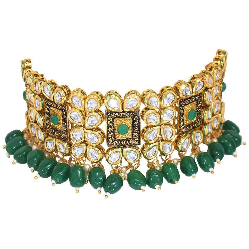 I Jewels 18K Gold Plated Traditional Handcrafted Choker Necklace Jewellery Set Encased With Faux Stone Studded & Pearl For Women/Girls (K7082G)