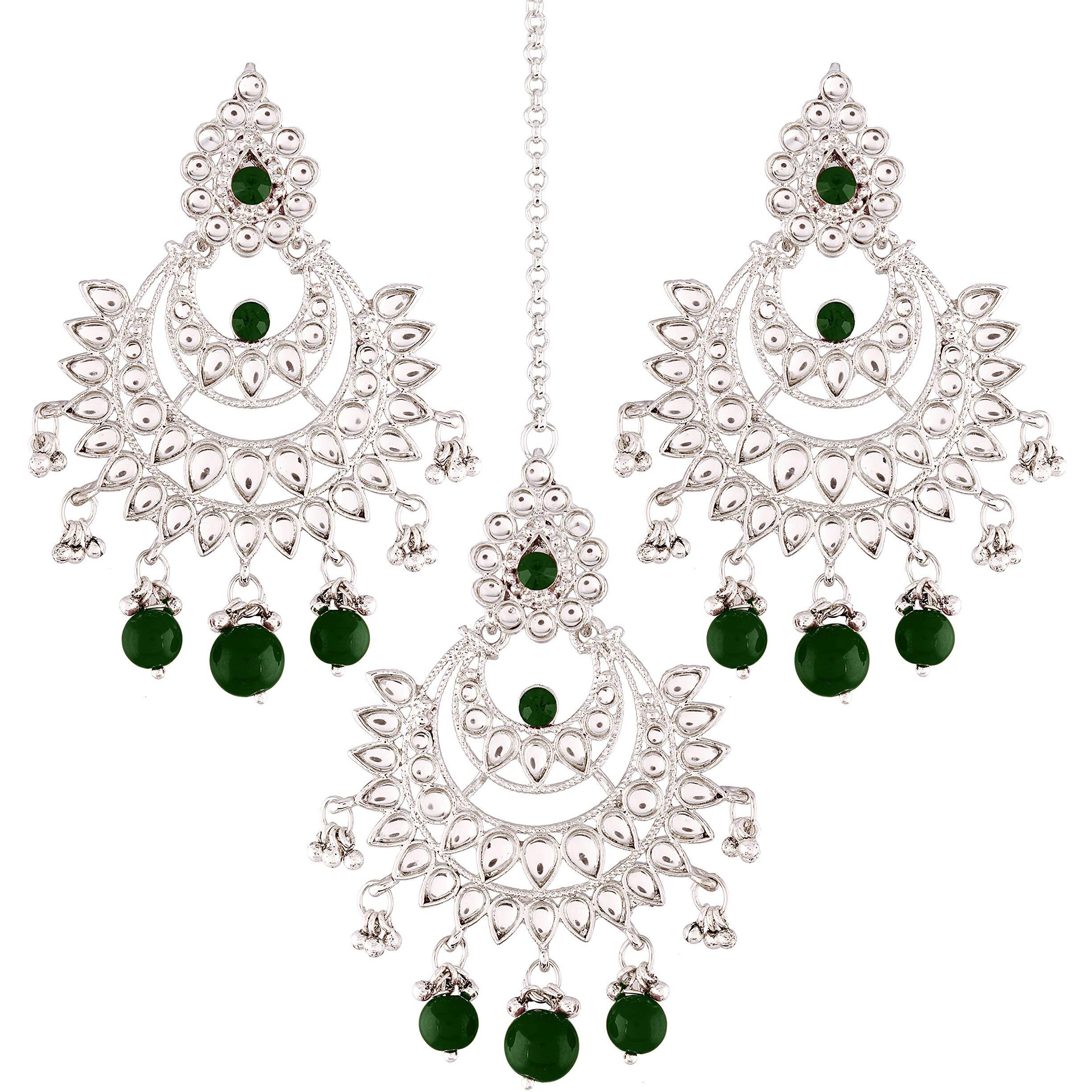 I Jewels Ethnic Silver Plated Traditional Kundan Pearl Earrings & Maang Tikka for Women (TE2498ZG)