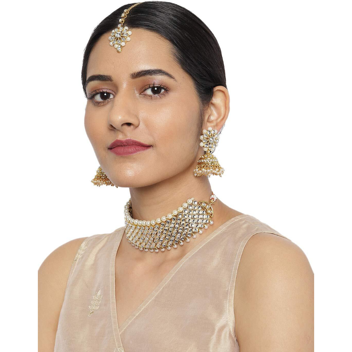 ZAVERI PEARLS Mesmerising Gold Tone Kundan And Pearls Choker Necklace Set For Women-ZPFK8880