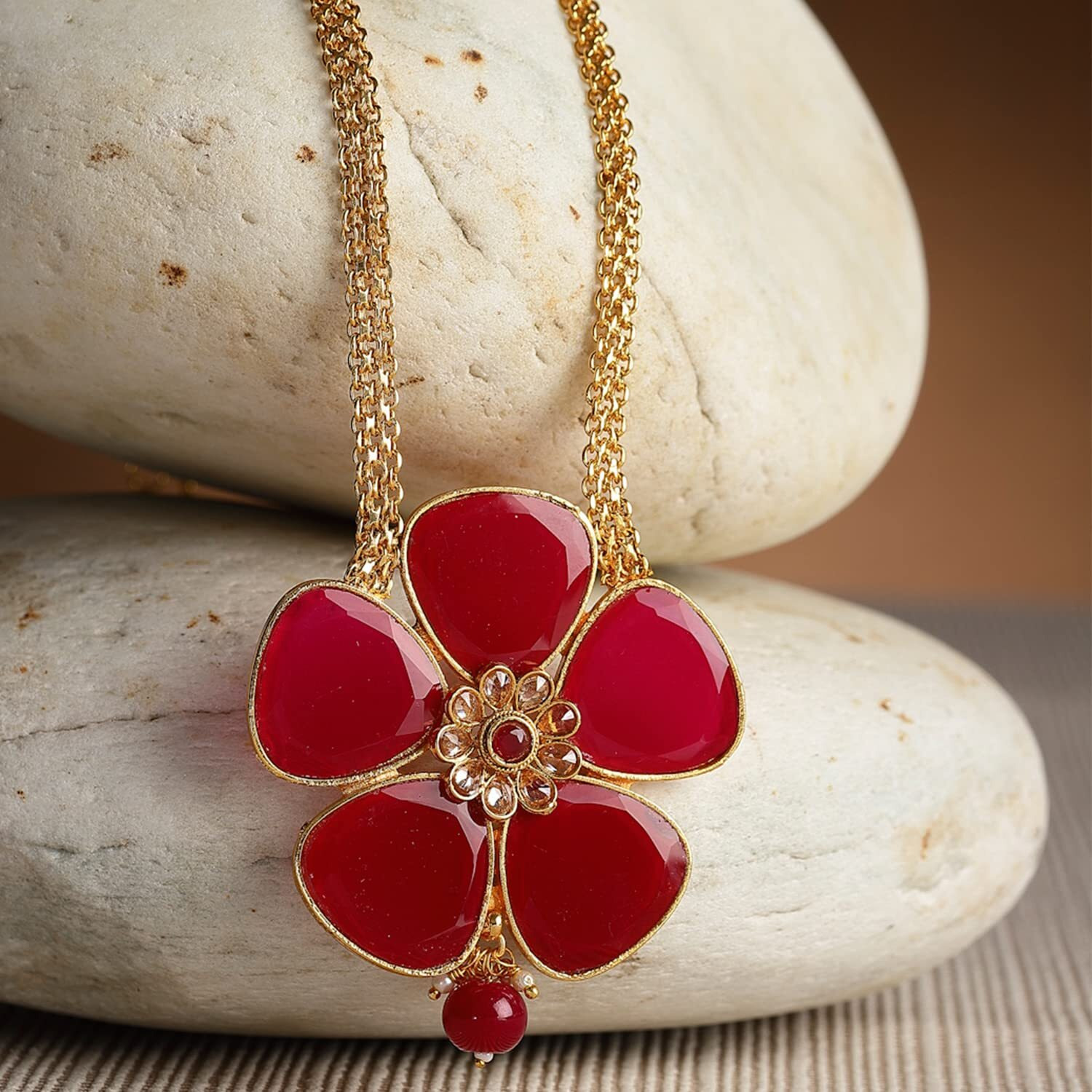 ZENEME Red Flower Shaped Gold Plated Long Neckalce Pendant Jewellery For Women & Girls (1) (Style_03)