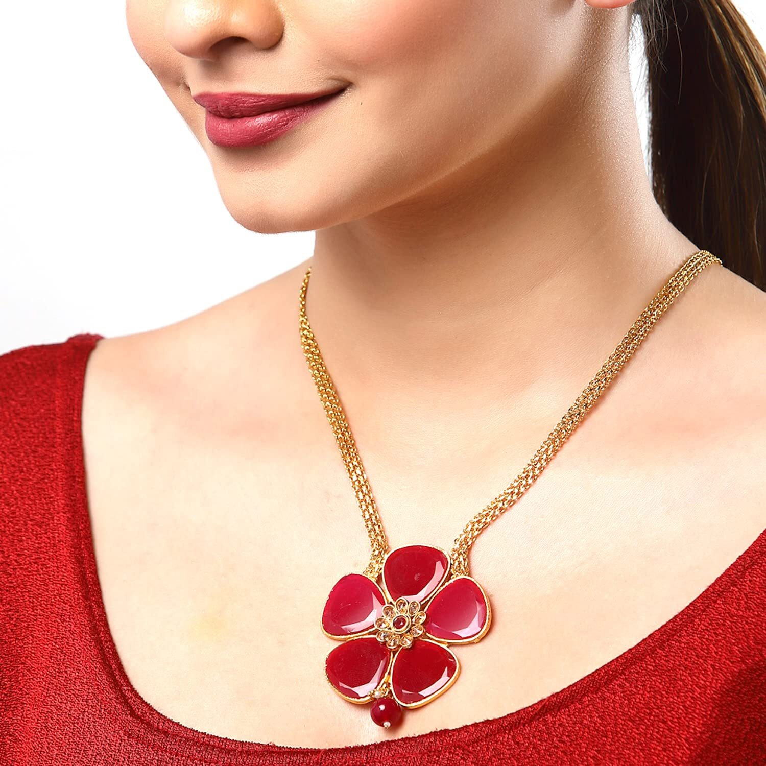 ZENEME Red Flower Shaped Gold Plated Long Neckalce Pendant Jewellery For Women & Girls (1) (Style_03)