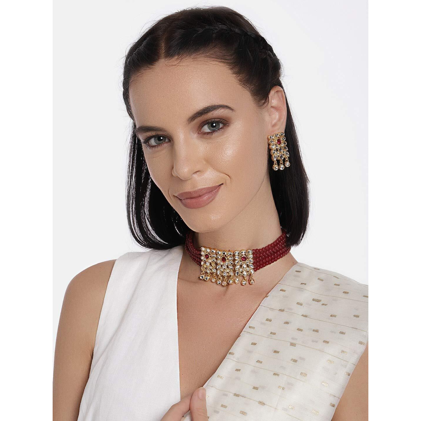 I Jewels 18K Gold Plated Traditional Kundan Studded Pearl Choker Necklace Jewellery Set for Women (ML236M)