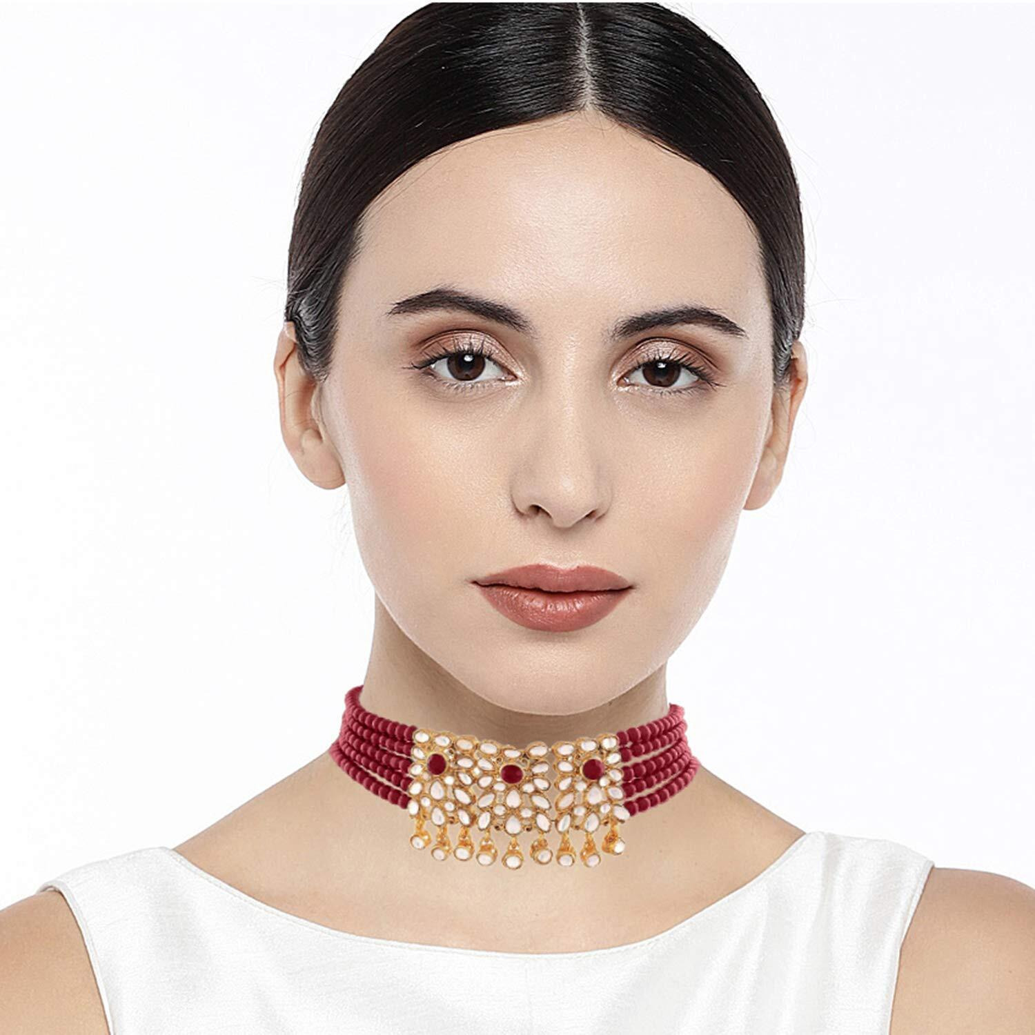 I Jewels 18K Gold Plated Traditional Kundan Studded Pearl Choker Necklace Jewellery Set for Women (ML236M)