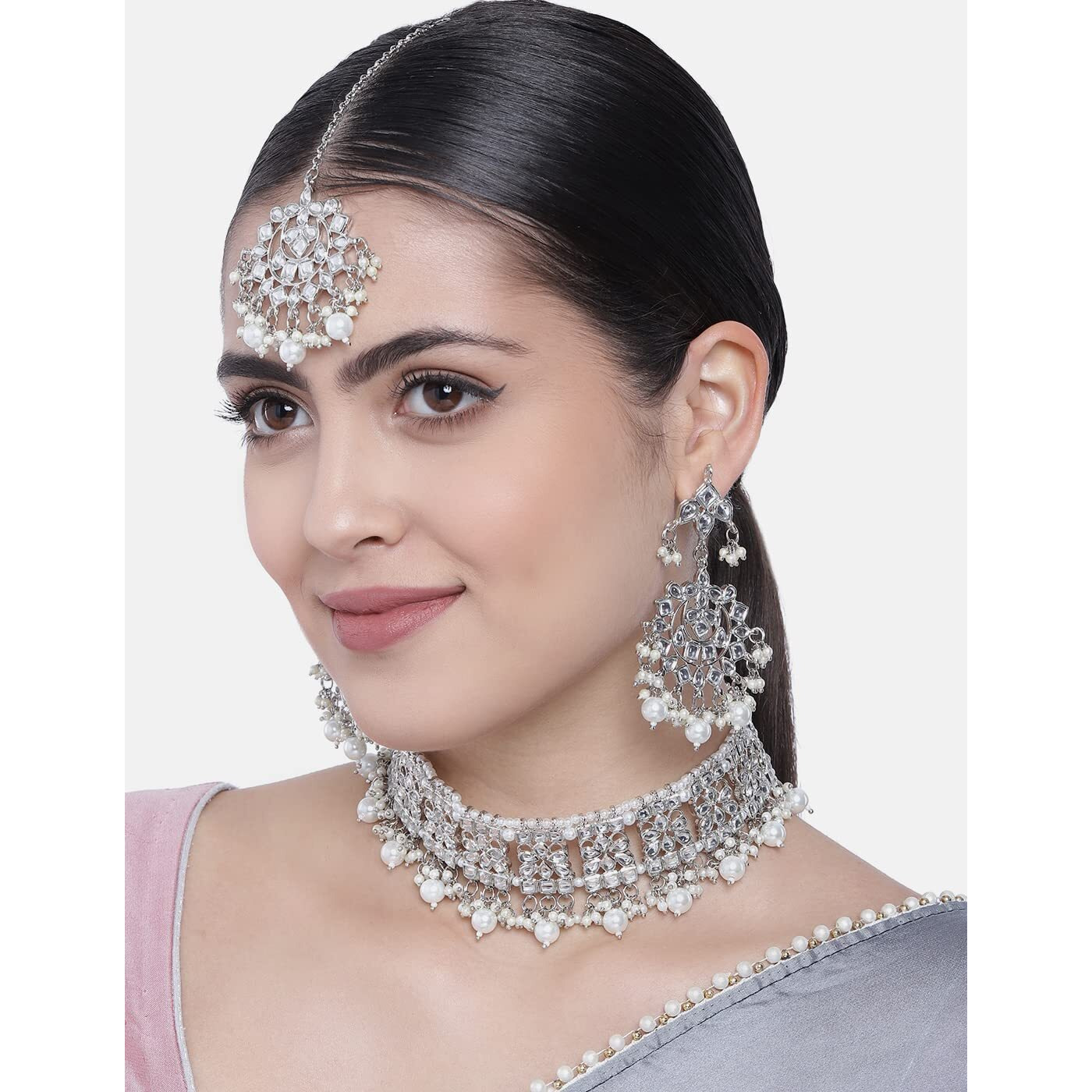 I Jewels 18K Rhodium Plated Traditional Kundan & Pearl Studded Choker Necklace Jewellery Set with Earrings & Maang Tikka For Women (K7069S)