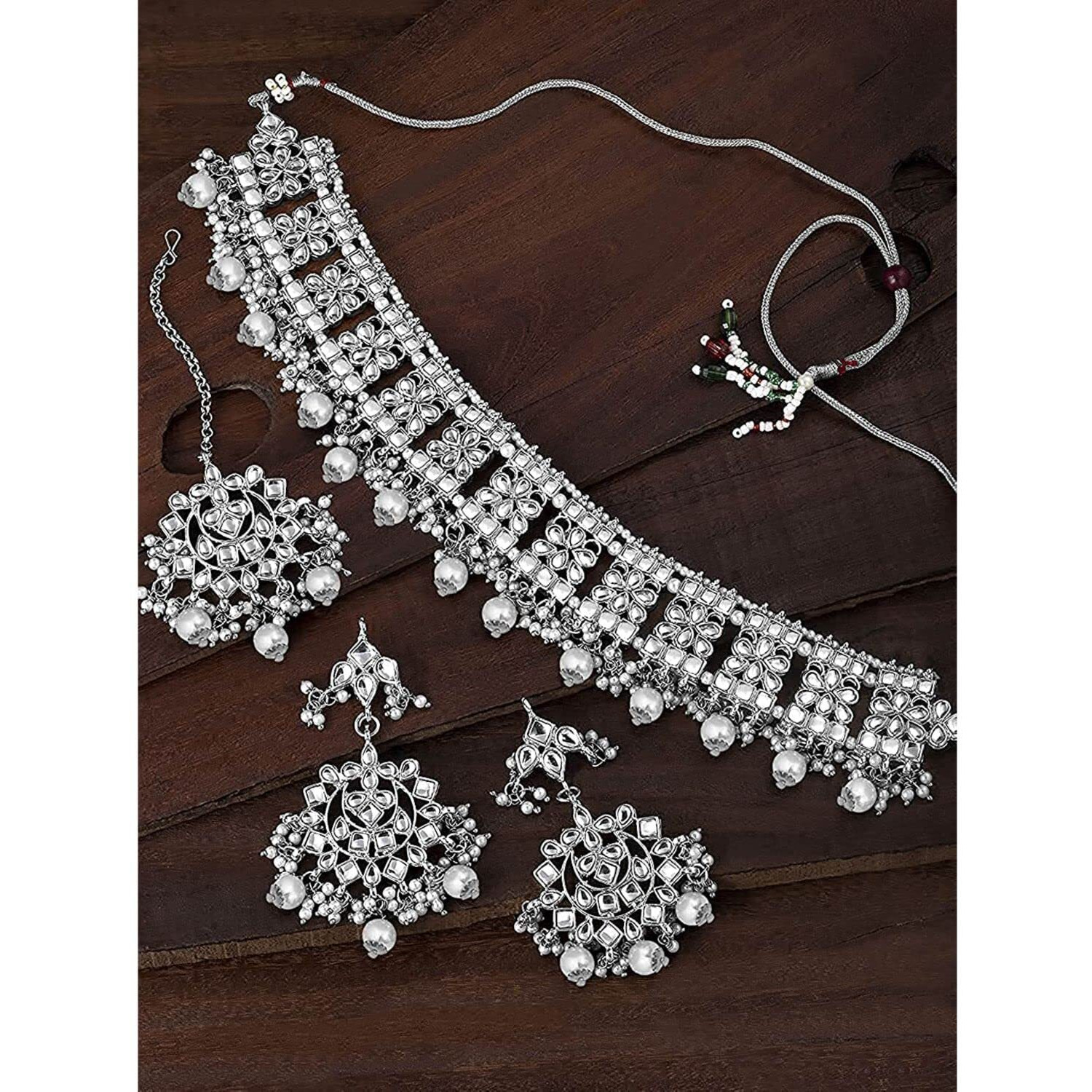 I Jewels 18K Rhodium Plated Traditional Kundan & Pearl Studded Choker Necklace Jewellery Set with Earrings & Maang Tikka For Women (K7069S)