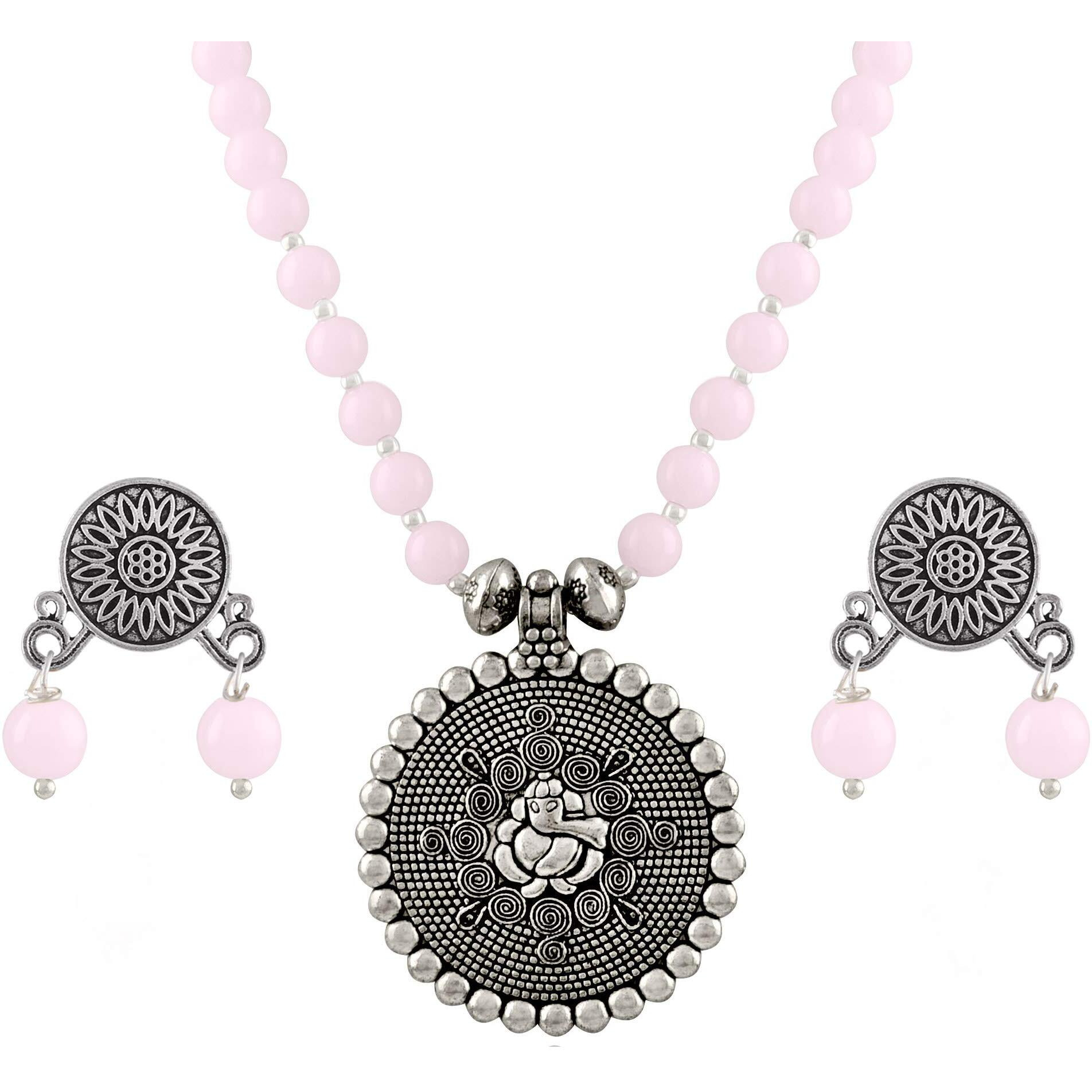 JFL - Jewellery for Less Bead Necklace Silver Plated Ganesha Pendant Set For Women,Valentine