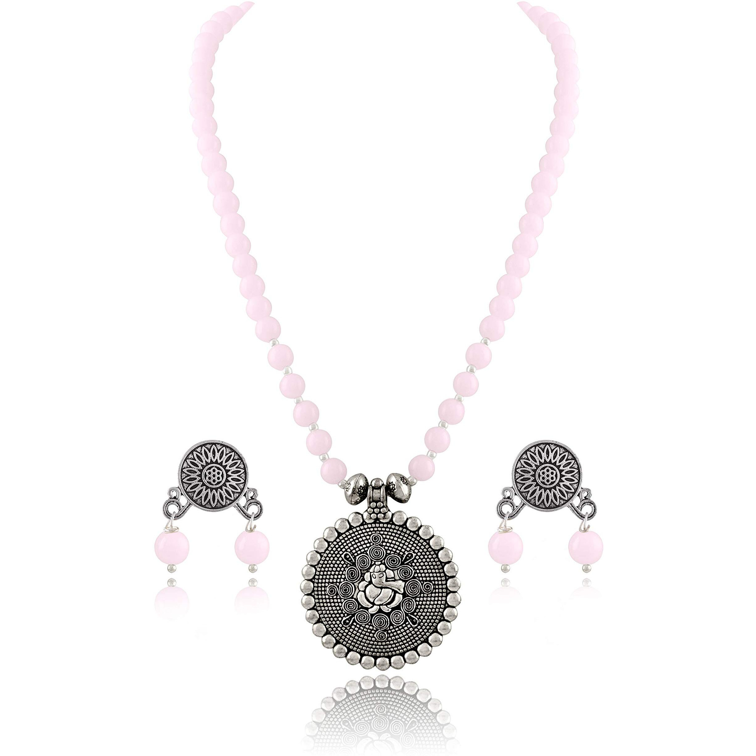 JFL - Jewellery for Less Bead Necklace Silver Plated Ganesha Pendant Set For Women,Valentine