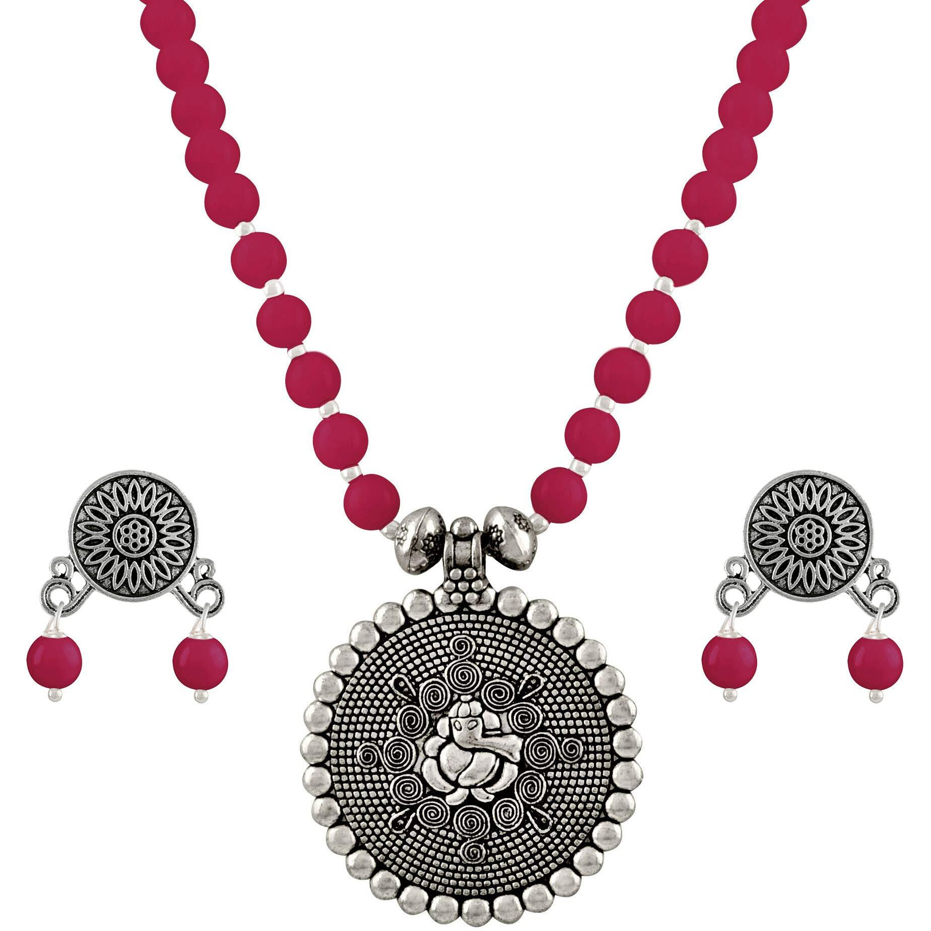 JFL - Jewellery for Less Traditional Antique Silver Plated Bead Necklace with Oxidised German silver polish Ganesha Pendant Jewellery Set with Drop Earrings for Women & Girls
