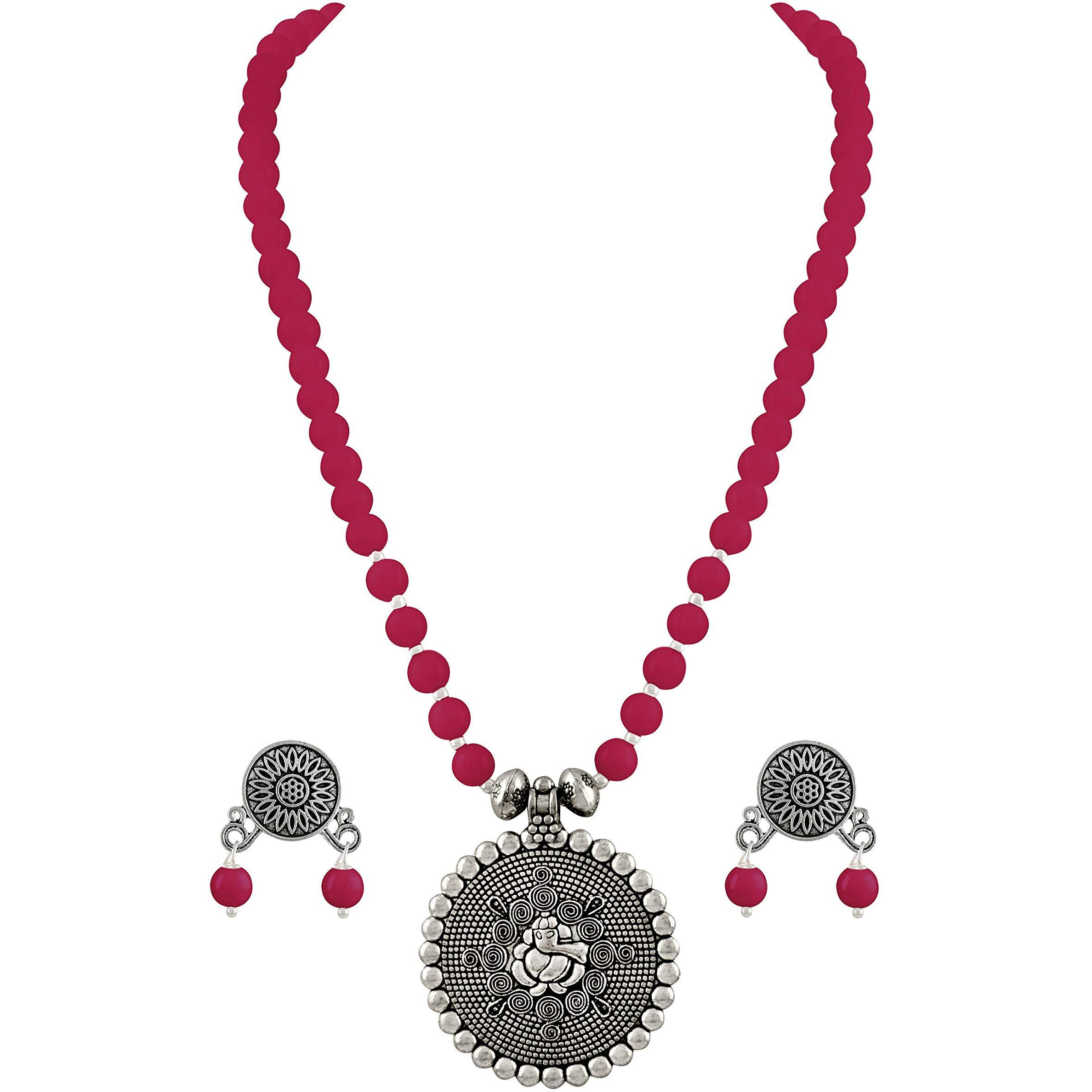 JFL - Jewellery for Less Traditional Antique Silver Plated Bead Necklace with Oxidised German silver polish Ganesha Pendant Jewellery Set with Drop Earrings for Women & Girls