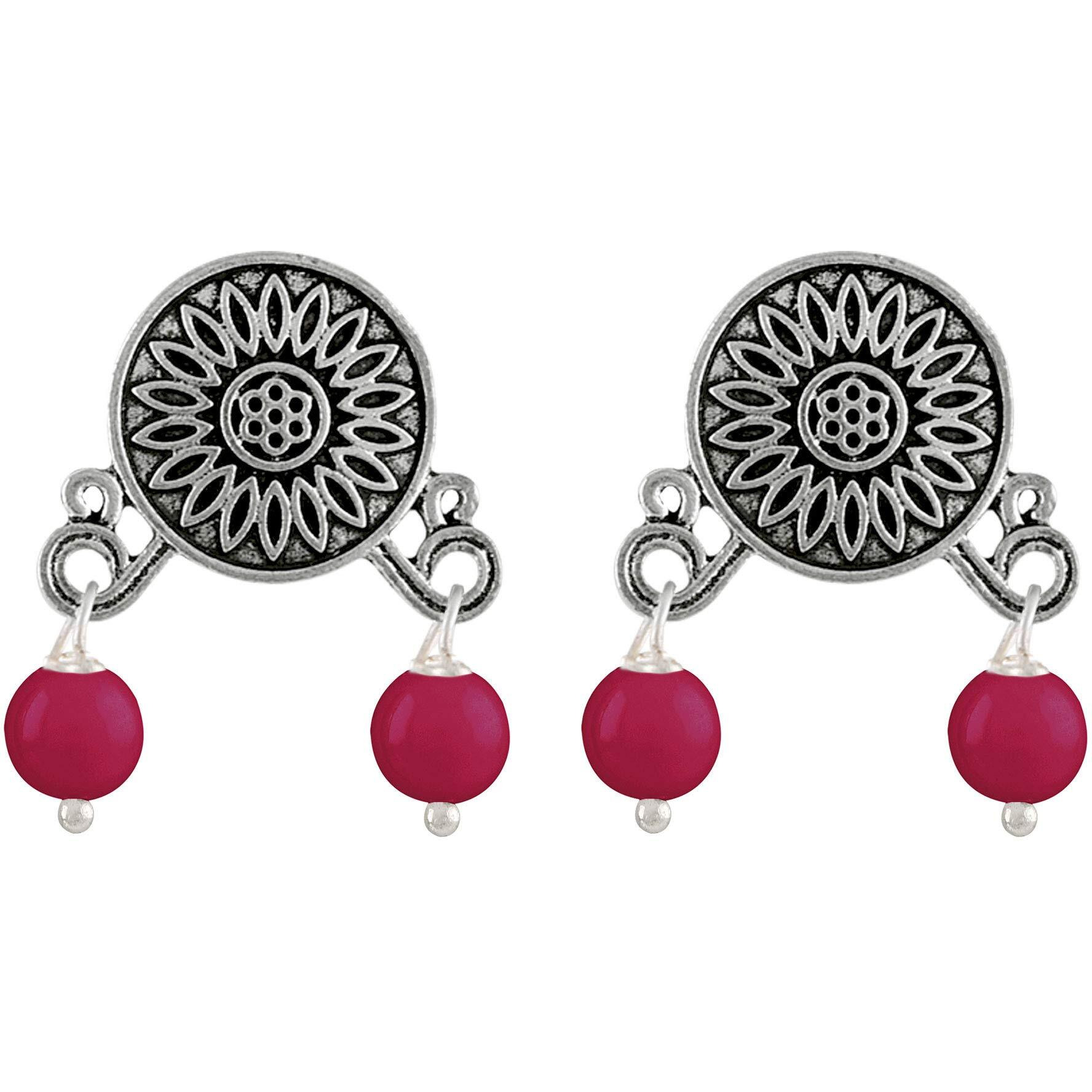 JFL - Jewellery for Less Traditional Antique Silver Plated Bead Necklace with Oxidised German silver polish Ganesha Pendant Jewellery Set with Drop Earrings for Women & Girls
