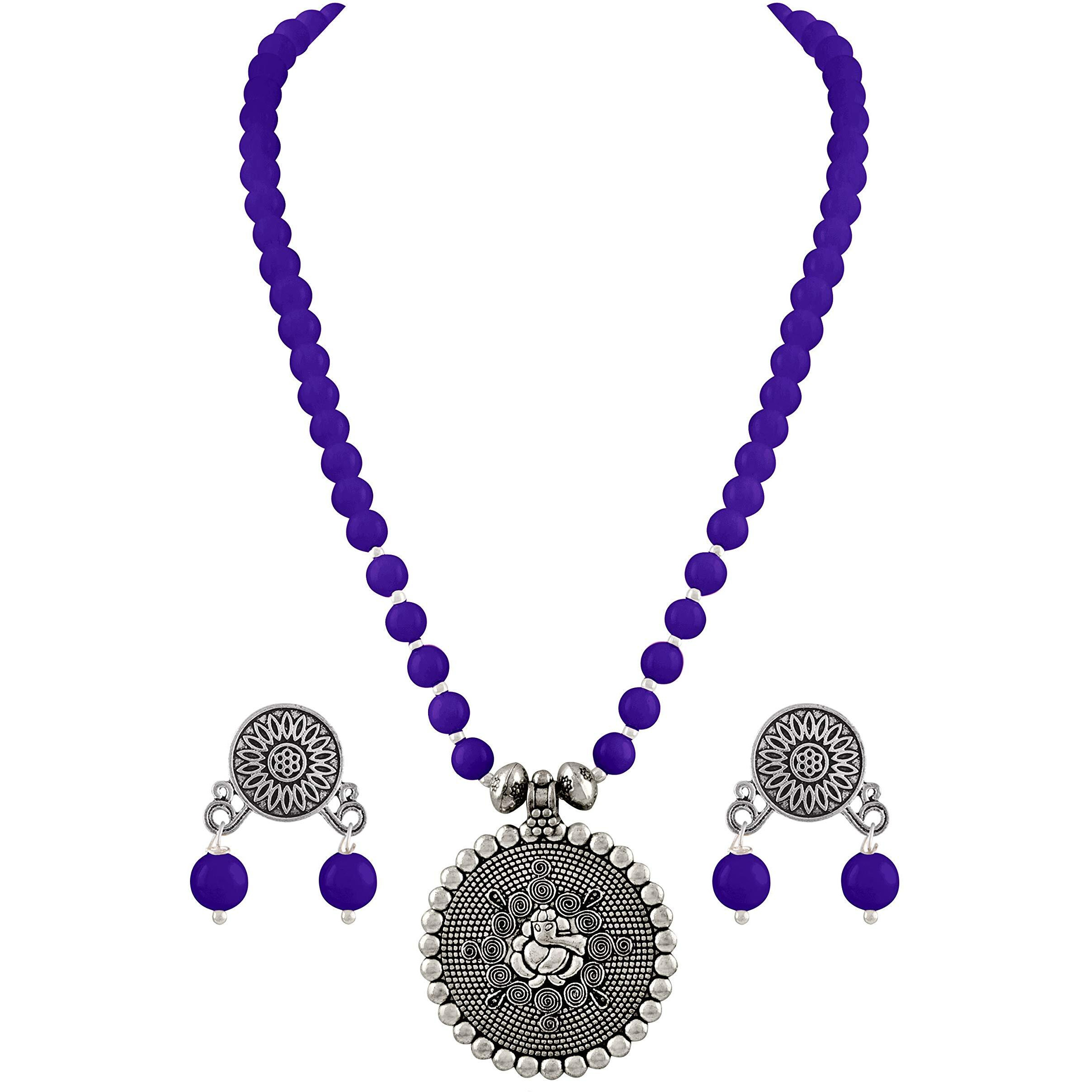 JFL - Jewellery for Less Bead Necklace Silver Plated Ganesha Pendant Set For Women,Valentine