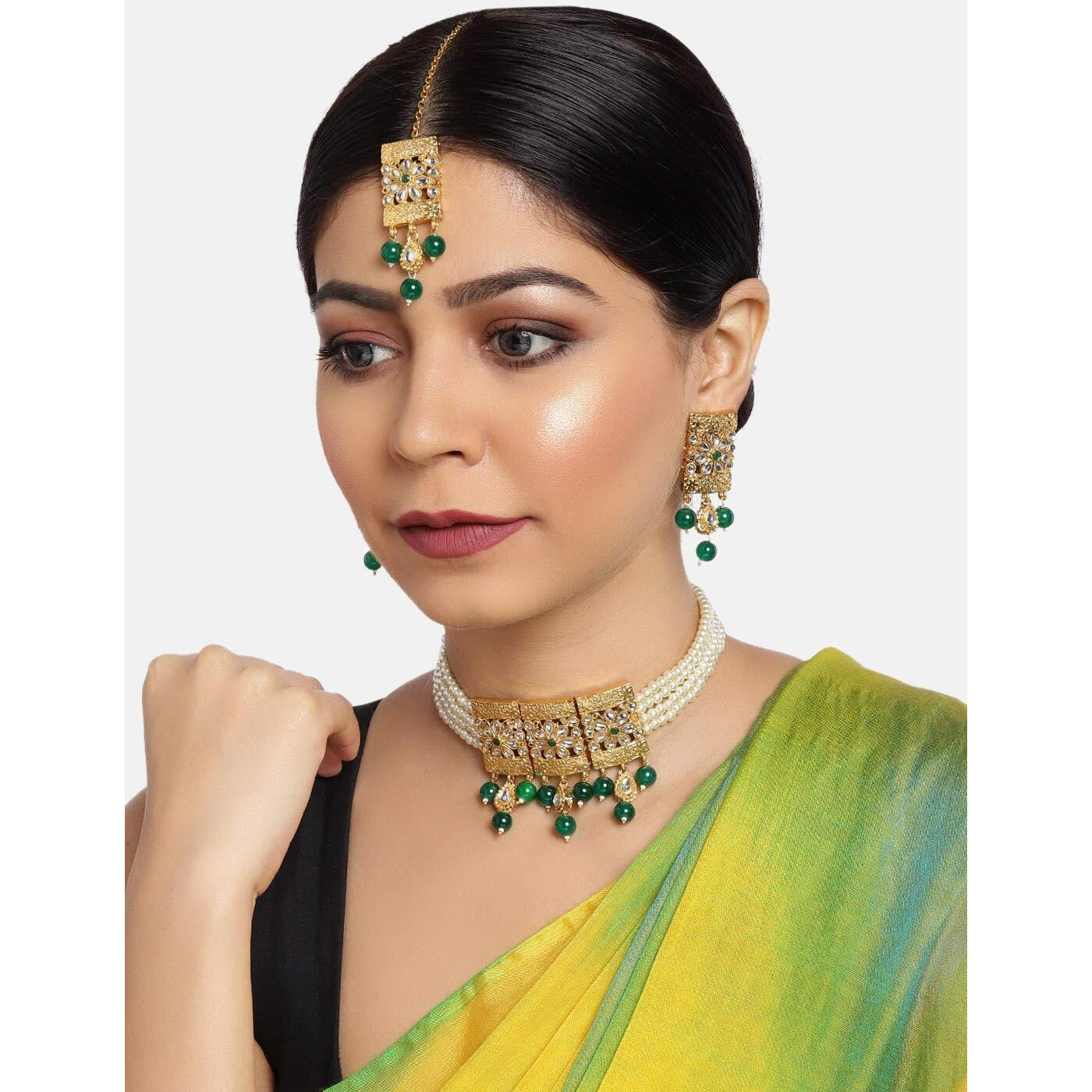 ZAVERI PEARLS Green Beads & Kundan Multistrand Pearls Choker Necklace, Earring & Maangtikka Set For Women-ZPFK9835