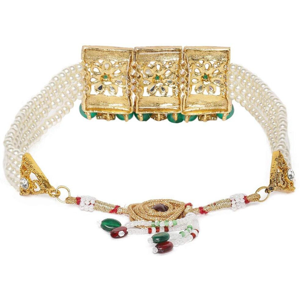 ZAVERI PEARLS Green Beads & Kundan Multistrand Pearls Choker Necklace, Earring & Maangtikka Set For Women-ZPFK9835
