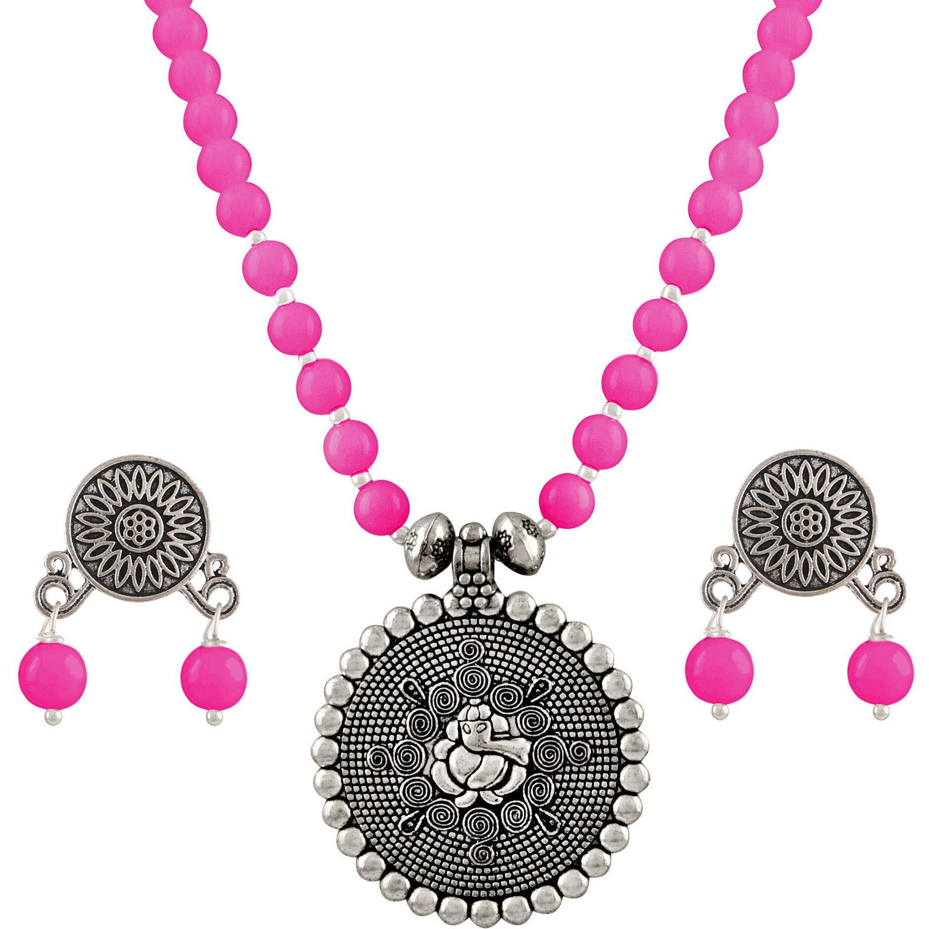 JFL - Jewellery for Less Silver Plated Bead Necklace Ganesha Pendant Set For Women,Valentine