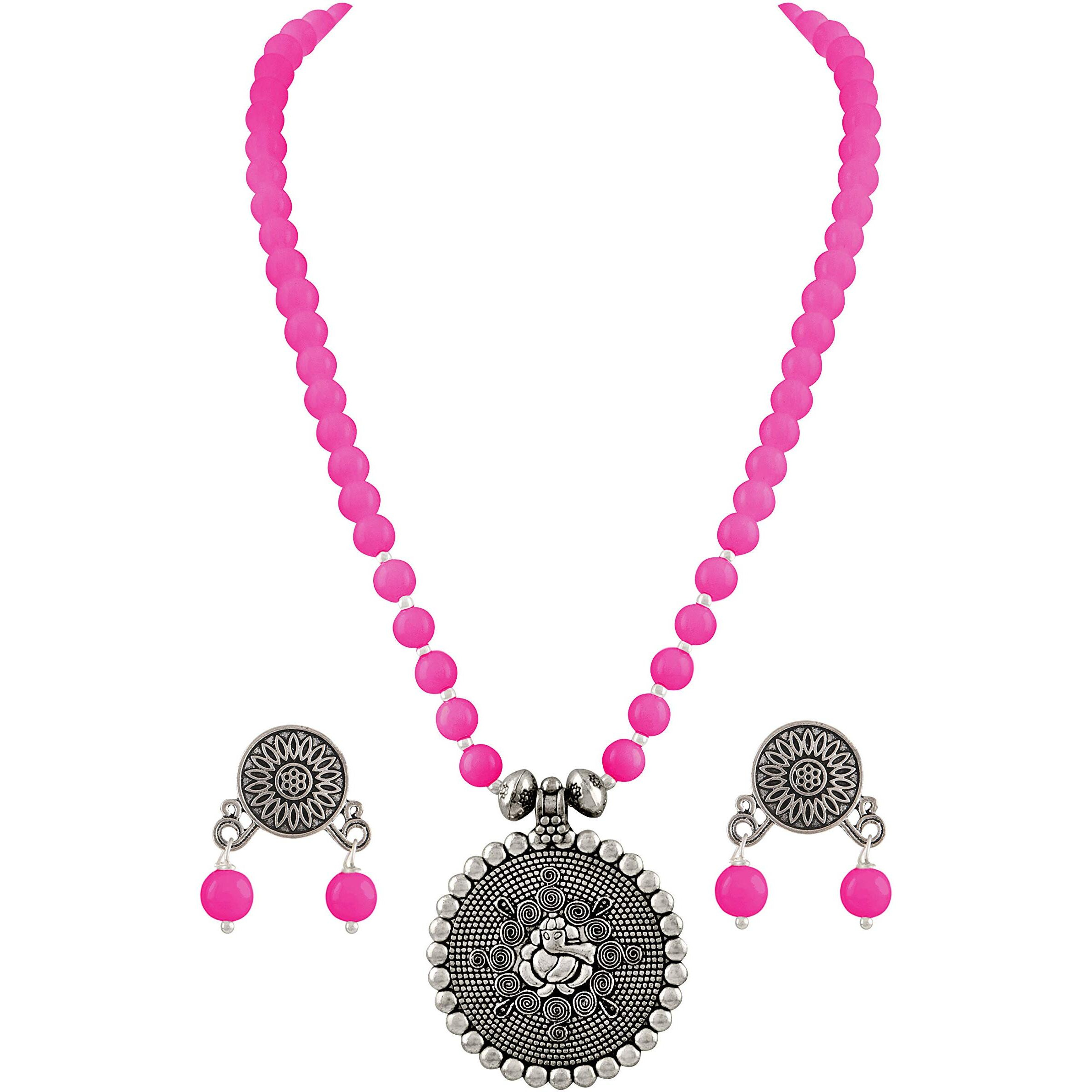 JFL - Jewellery for Less Silver Plated Bead Necklace Ganesha Pendant Set For Women,Valentine