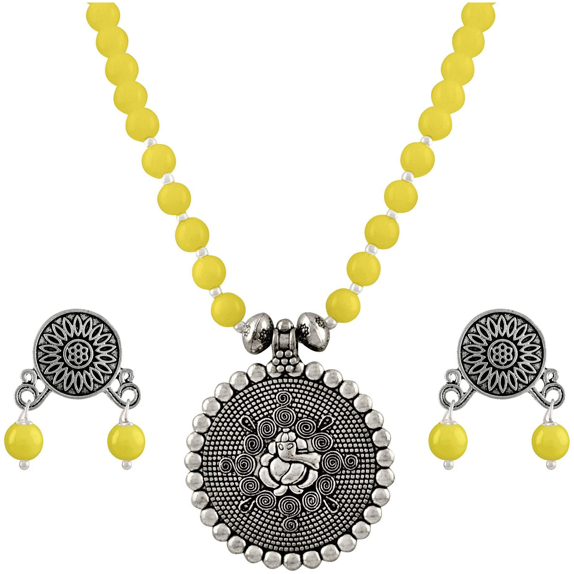 JFL - Jewellery for Less Bead Necklace Silver Plated Ganesha Pendant Set For Women,Valentine