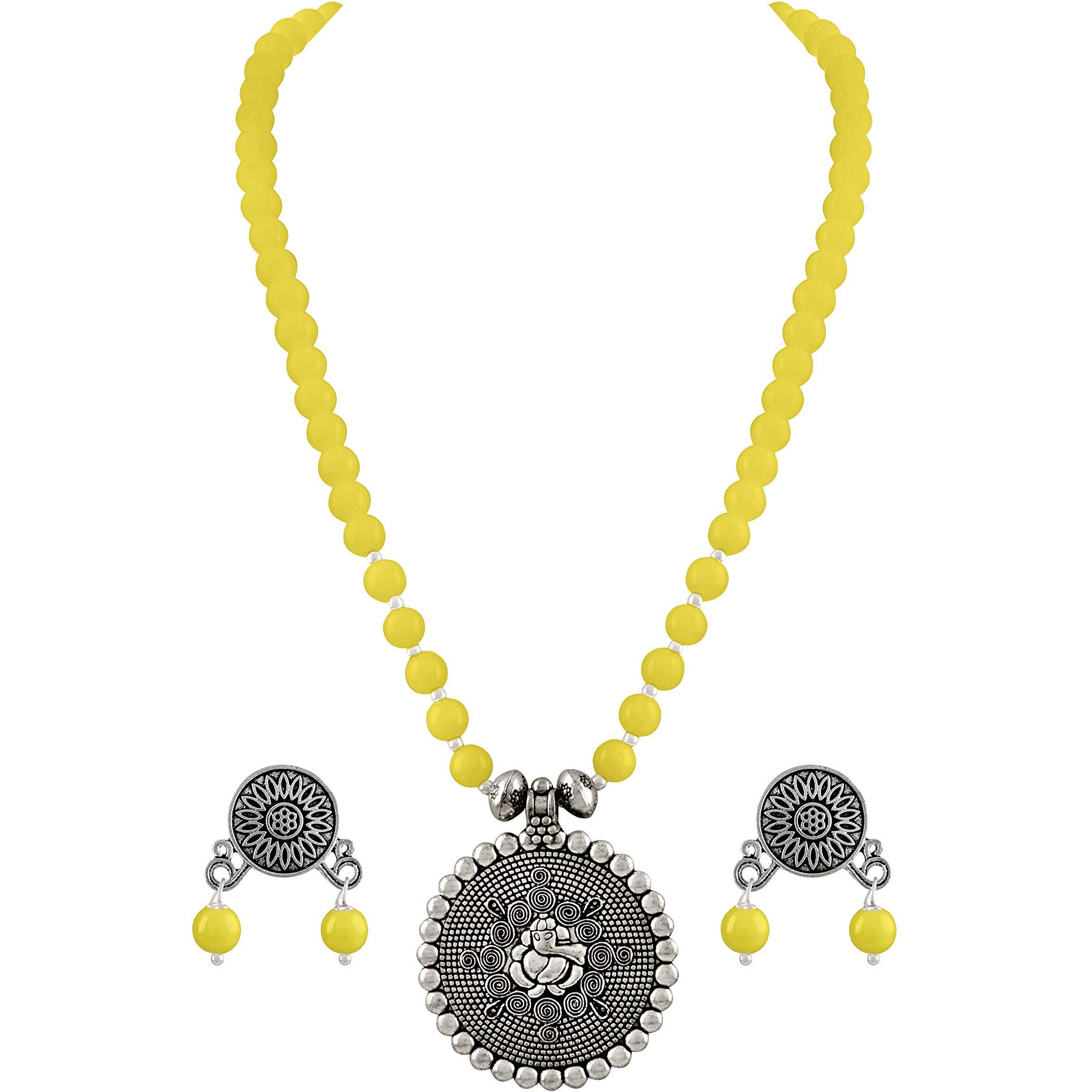 JFL - Jewellery for Less Bead Necklace Silver Plated Ganesha Pendant Set For Women,Valentine