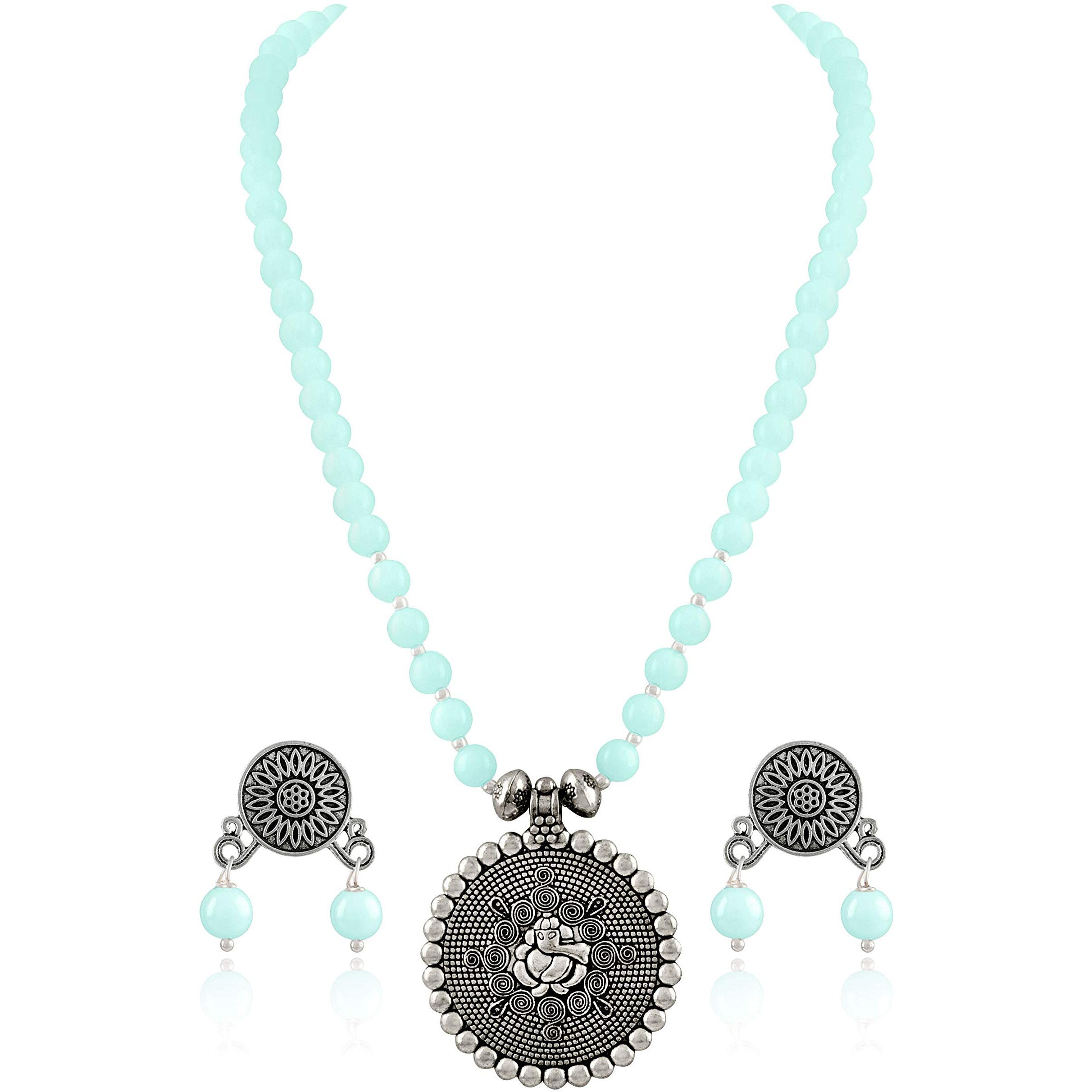 JFL - Jewellery for Less Bead Necklace Silver Plated Ganesha Pendant Set For Women,Valentine