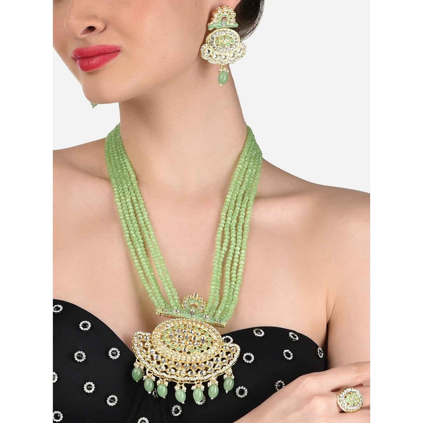 ZAVERI PEARLS Green Crystals Beaded Multistrand Kundan Necklace Earring & Ring Set For Women-ZPFK12475