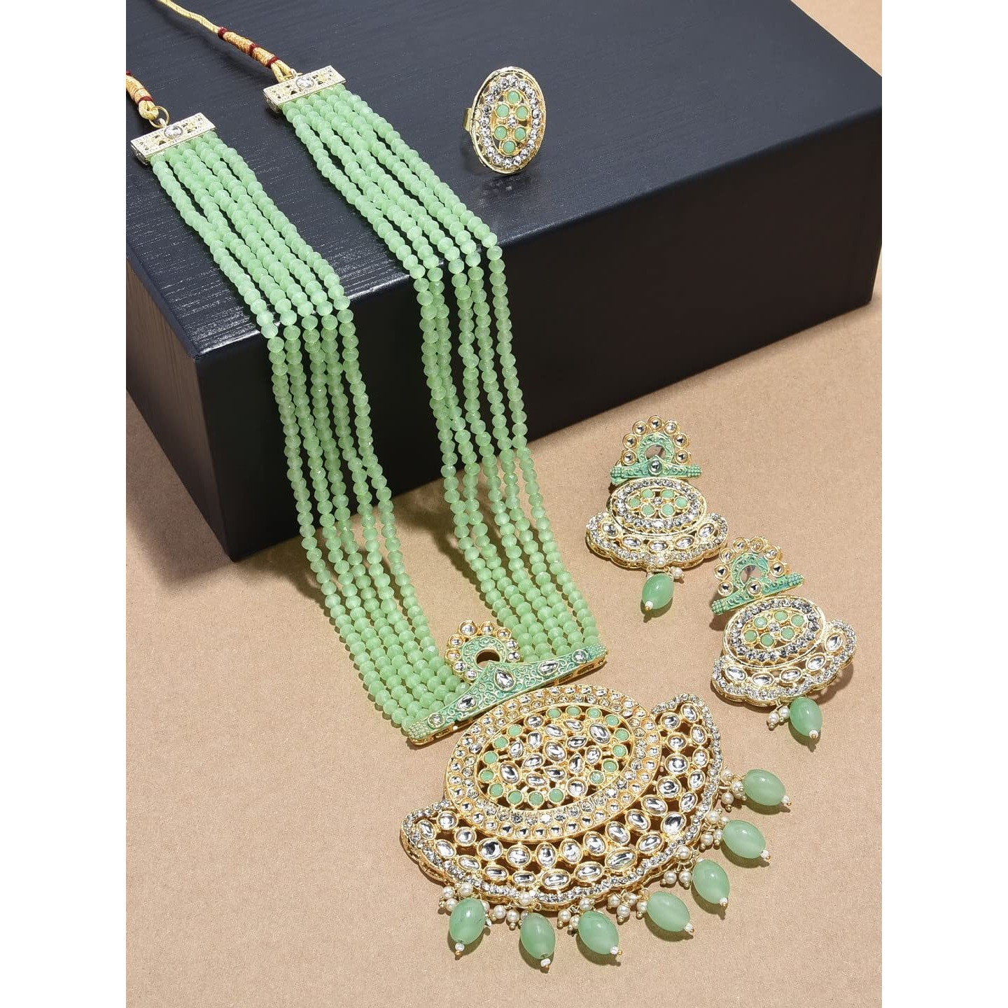 ZAVERI PEARLS Green Crystals Beaded Multistrand Kundan Necklace Earring & Ring Set For Women-ZPFK12475