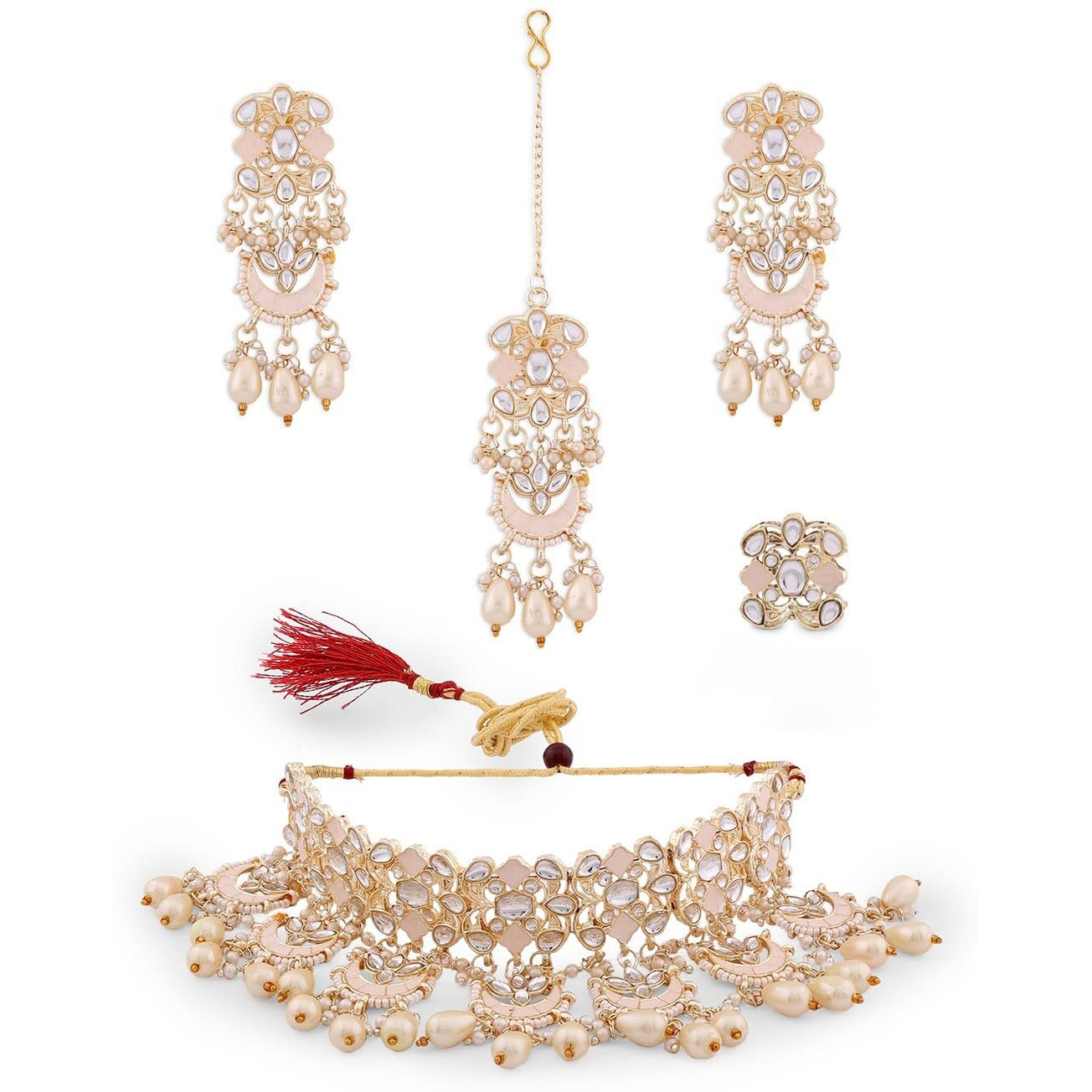 ZAVERI PEARLS Gold Tone Kundan & Pearls Meenakari Necklace Earring Maangtikka & Ring Set For Women-ZPFK13824