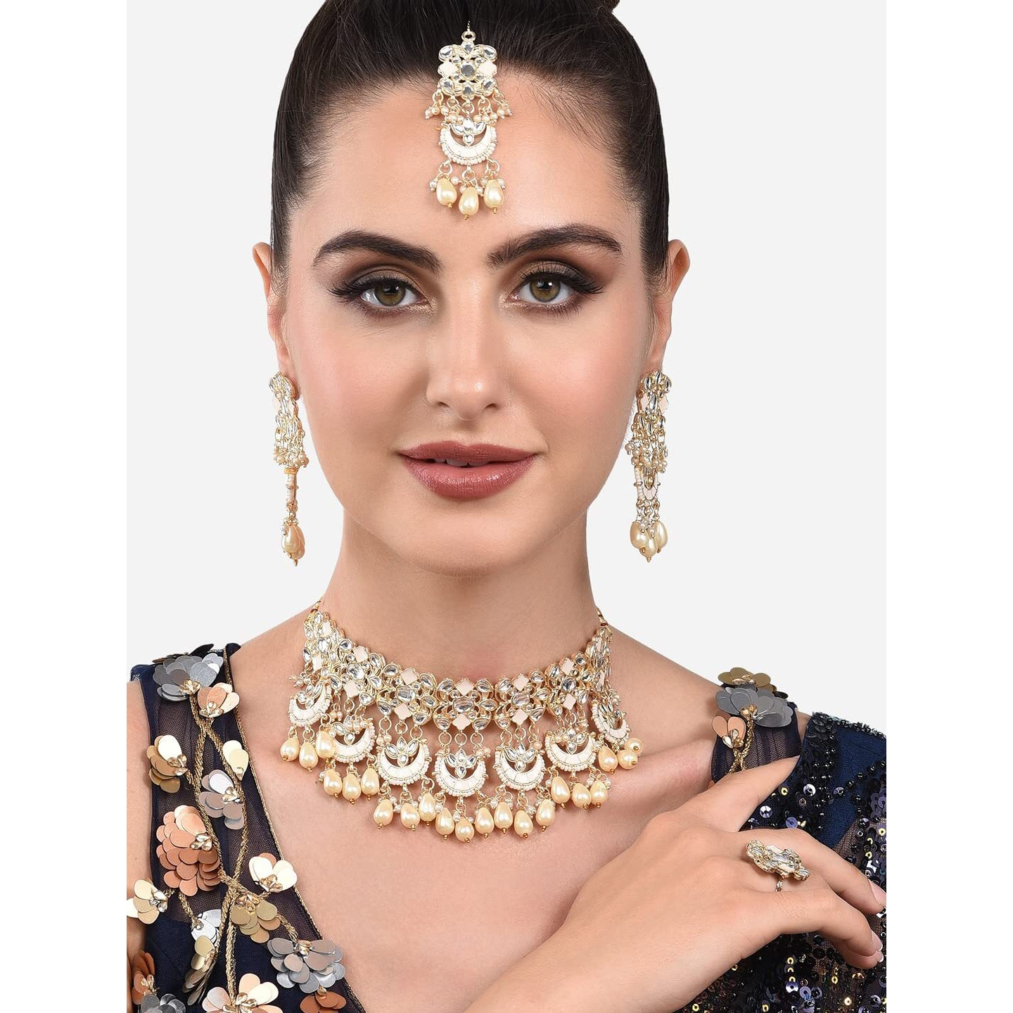 ZAVERI PEARLS Gold Tone Kundan & Pearls Meenakari Necklace Earring Maangtikka & Ring Set For Women-ZPFK13824