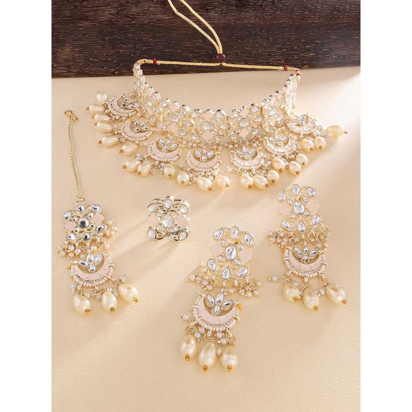 ZAVERI PEARLS Gold Tone Kundan & Pearls Meenakari Necklace Earring Maangtikka & Ring Set For Women-ZPFK13824
